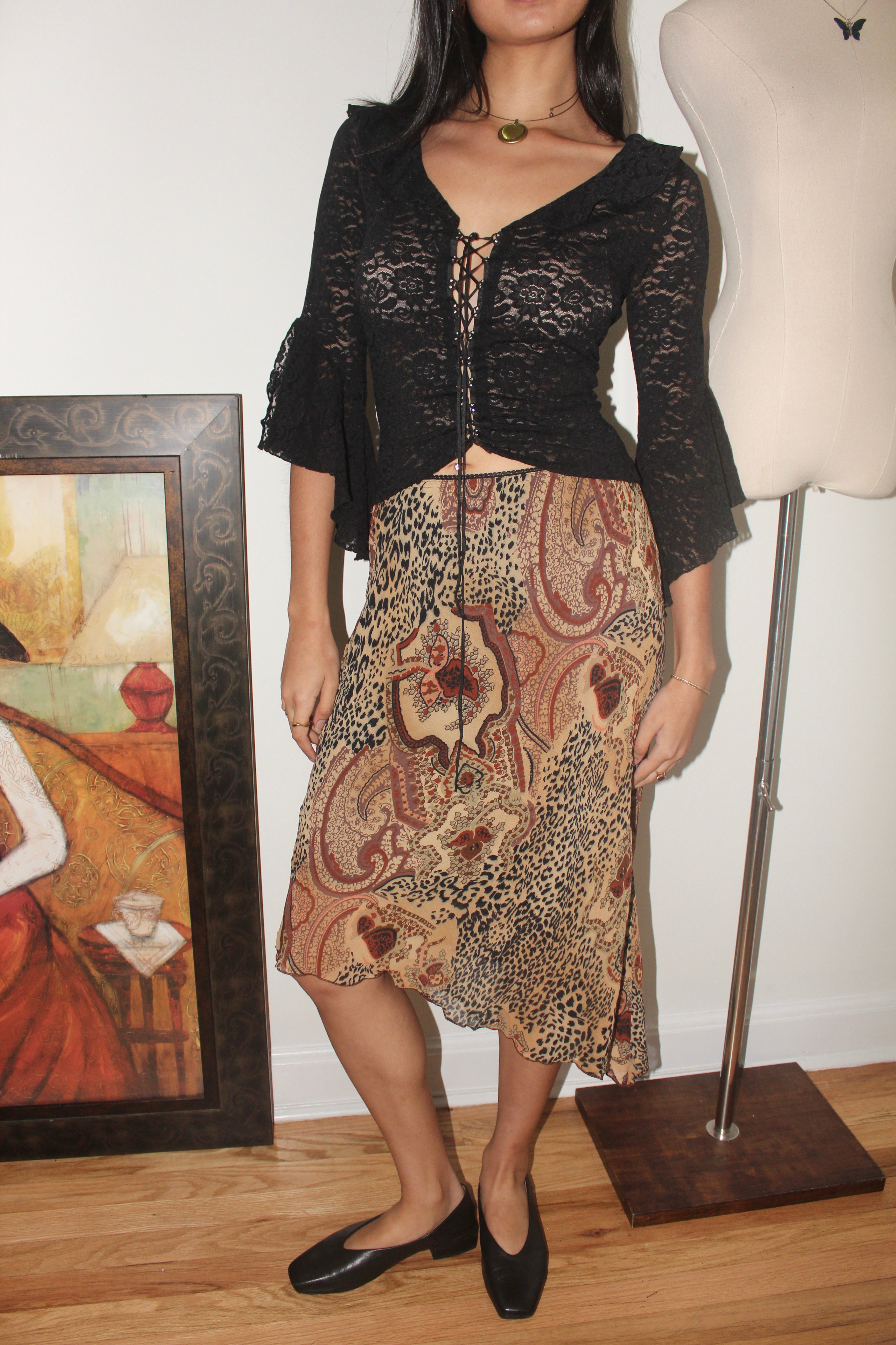 Vintage 90s Sheer Lace Ruffled Blouse (S)
