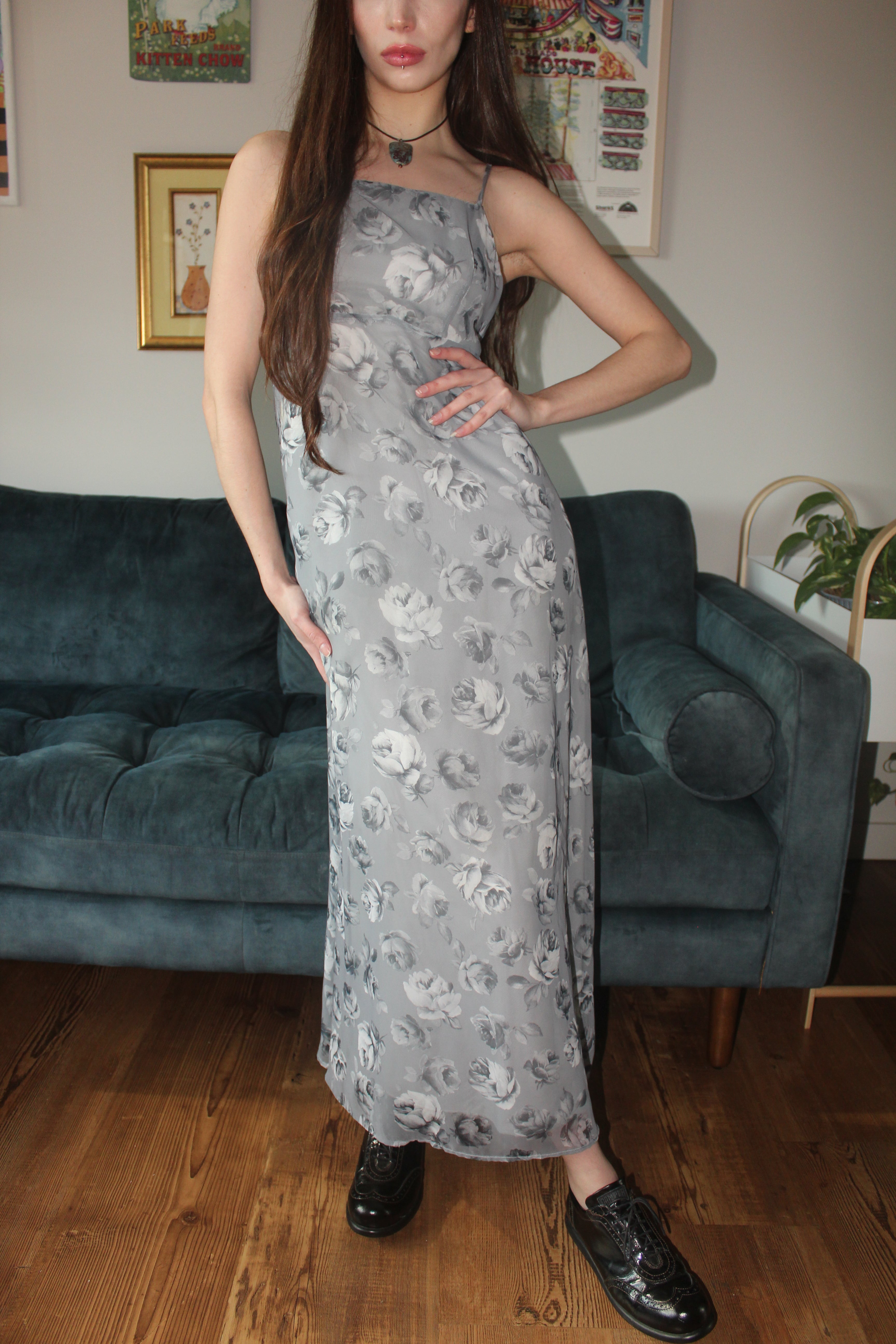 Vintage 90s Floral Tie Midi Dress (S)