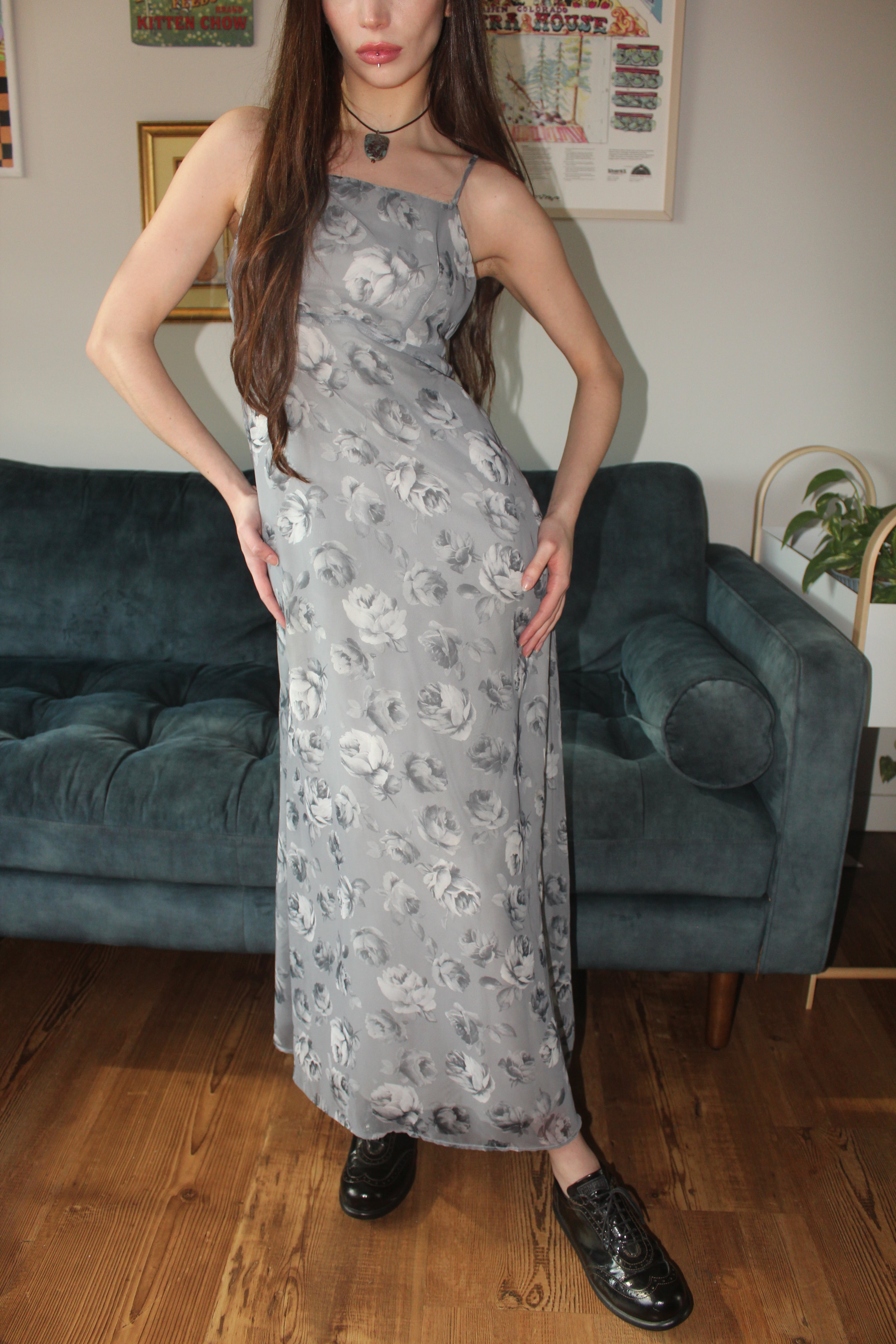 Vintage 90s Floral Tie Midi Dress (S)