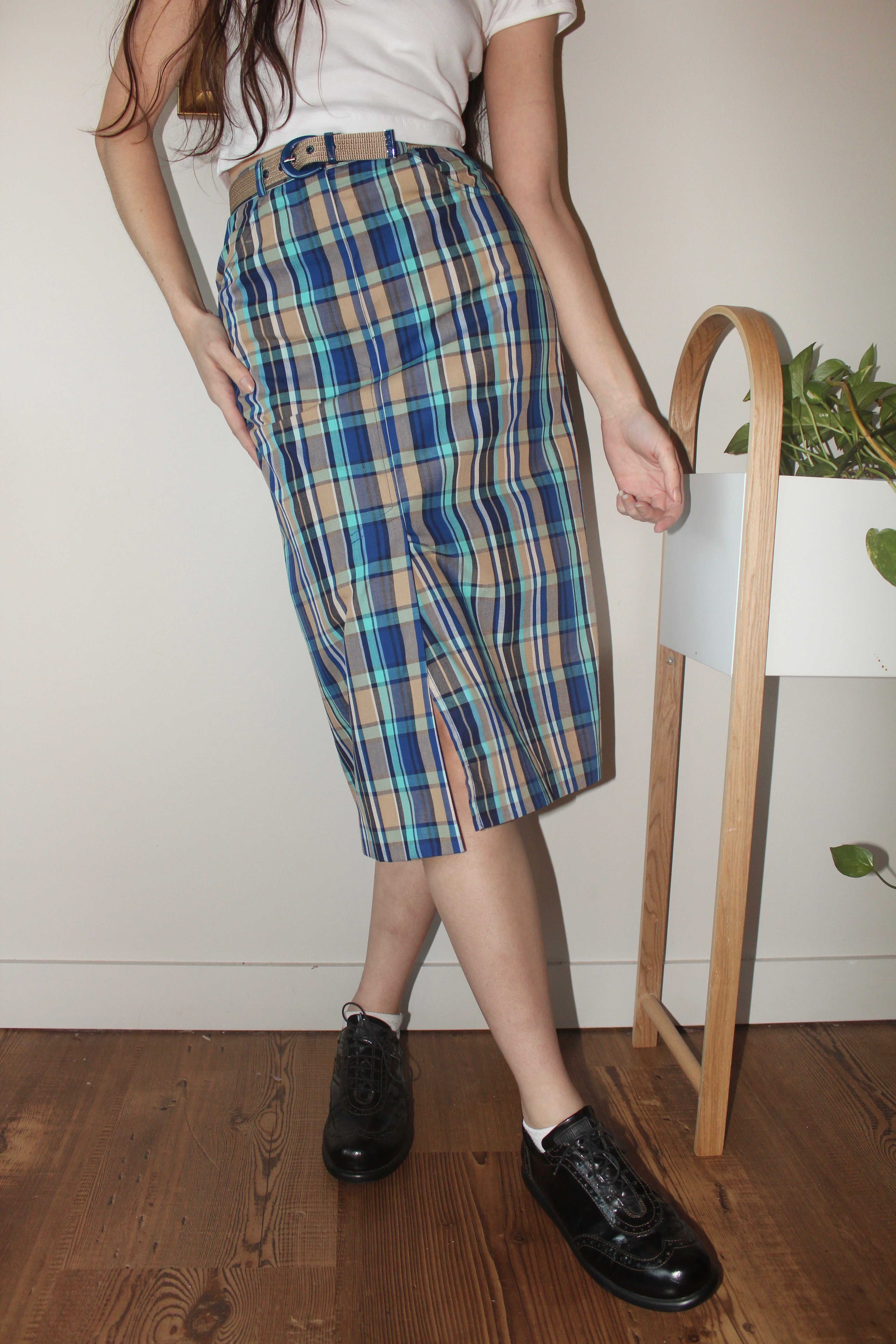 Vintage 70s Belted Plaid Highwaisted Midi Skirt (XS/S)