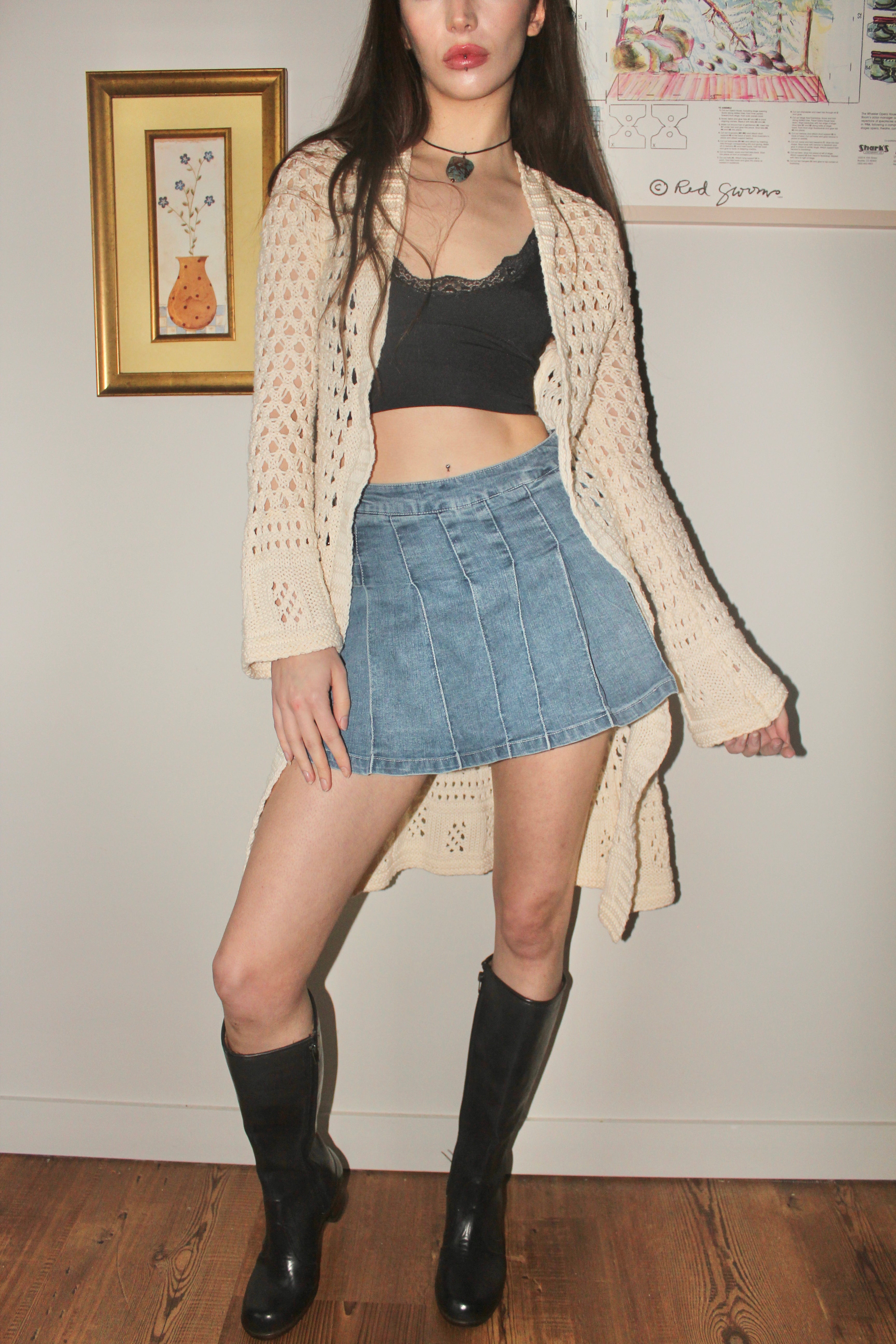 Vintage 90s Cream Crochet Longline Knit (S/M)