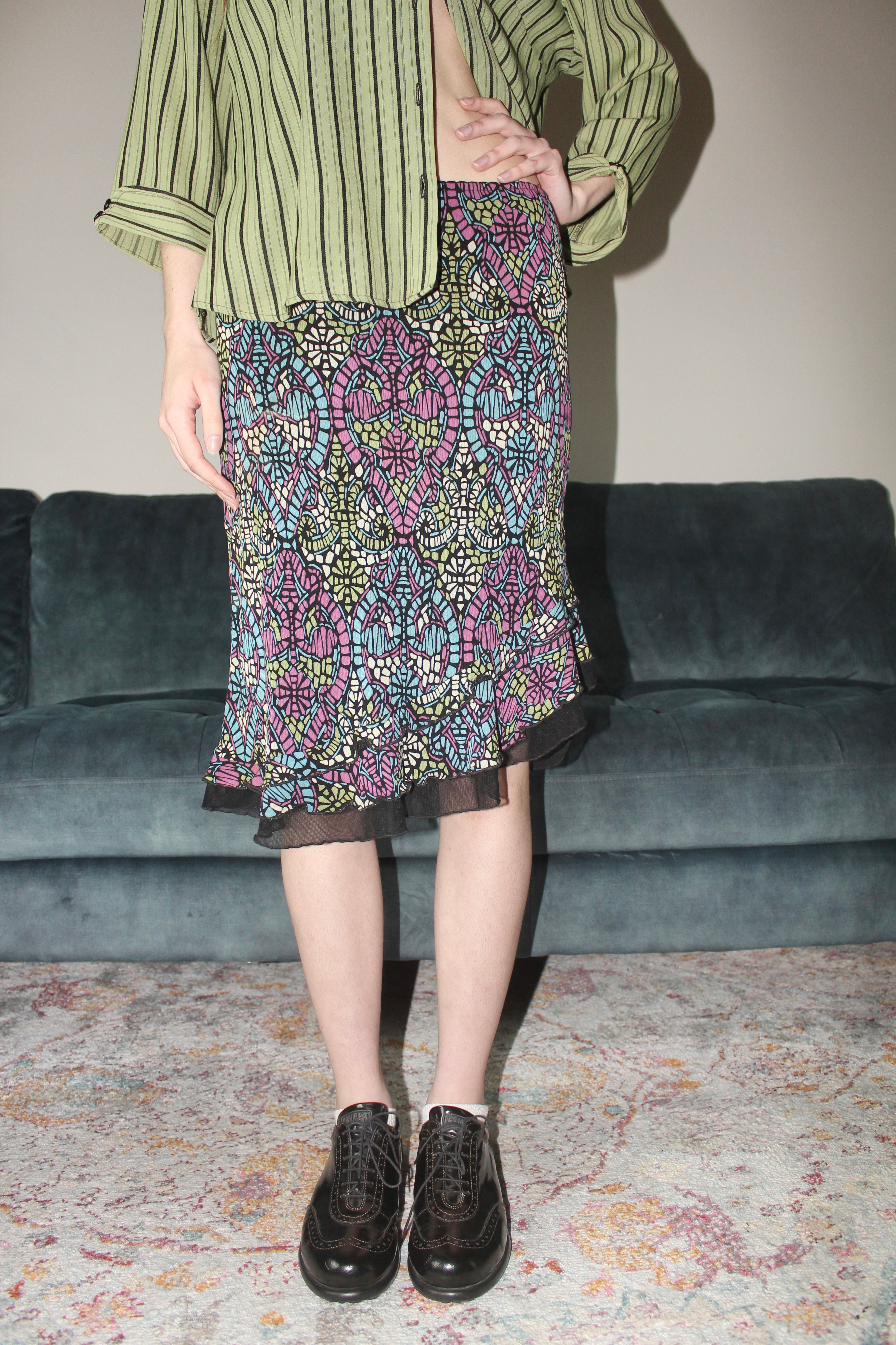 Vintage 90s Mosaic Patterned Asymmetrical Midi Skirt (S)