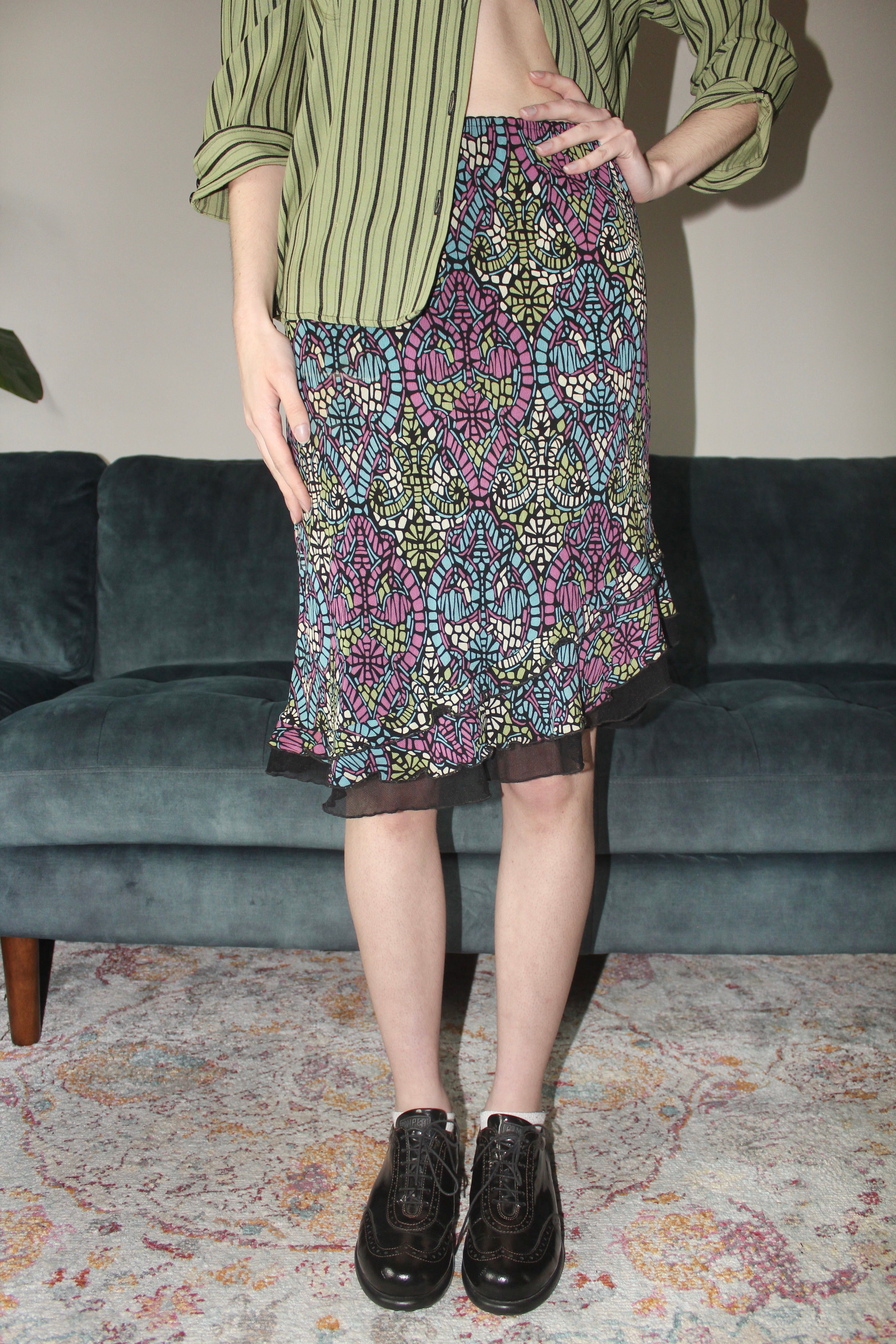 Vintage 90s Mosaic Patterned Asymmetrical Midi Skirt (S)