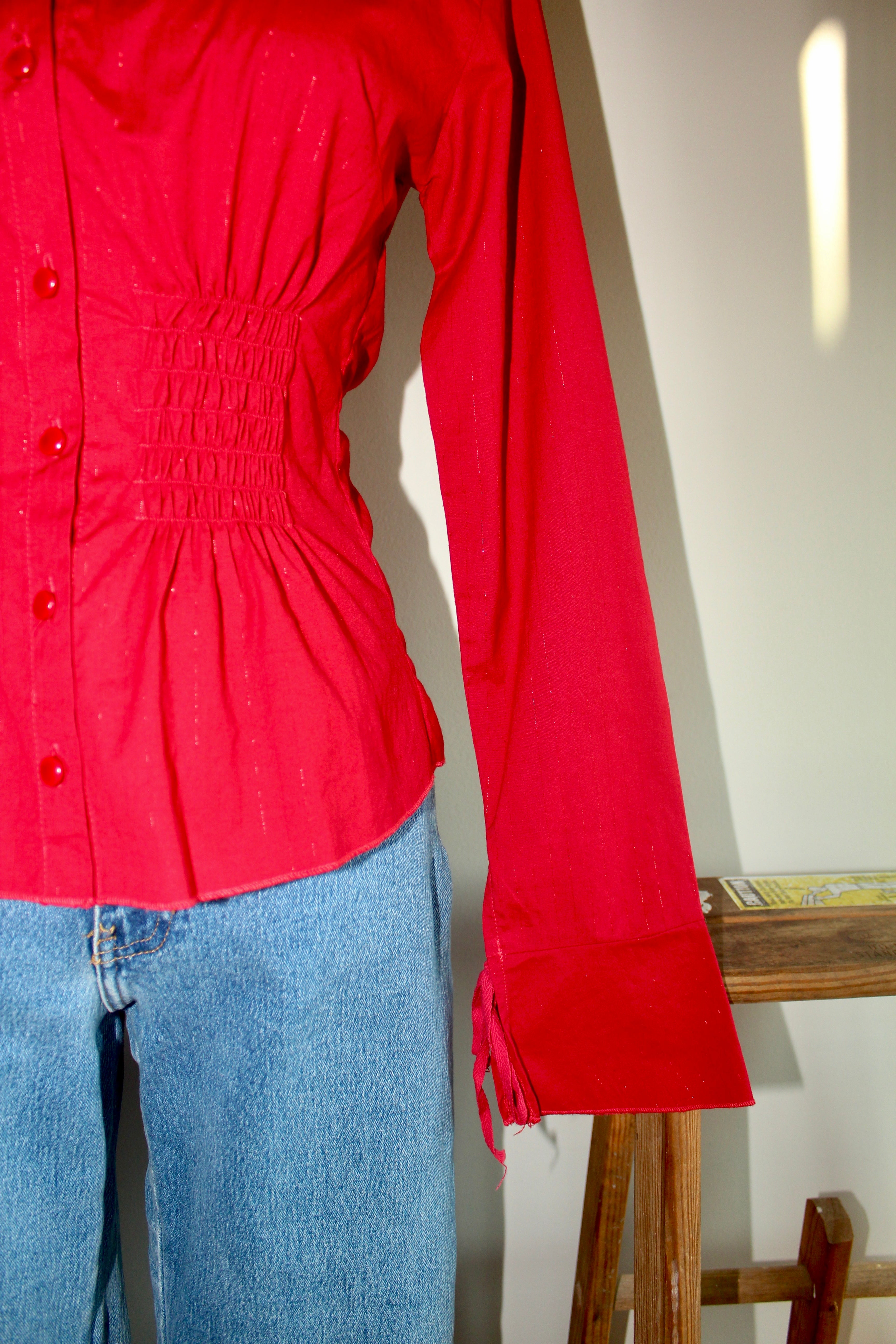 Vintage 90s Ruched Cherry Tie Button Up (S)