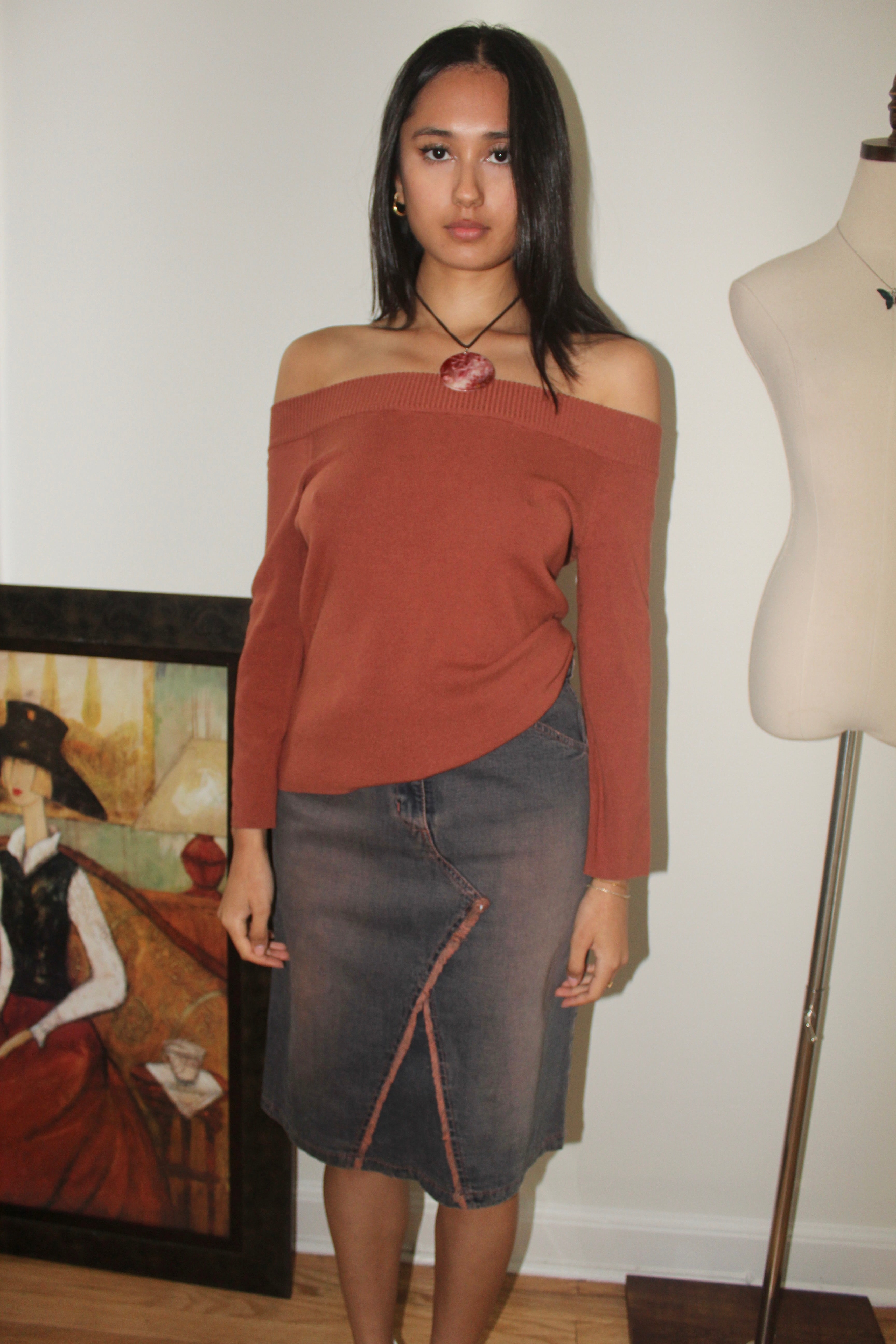 Vintage 90s Silk Apricot Off Shoulder Knit Top (S)