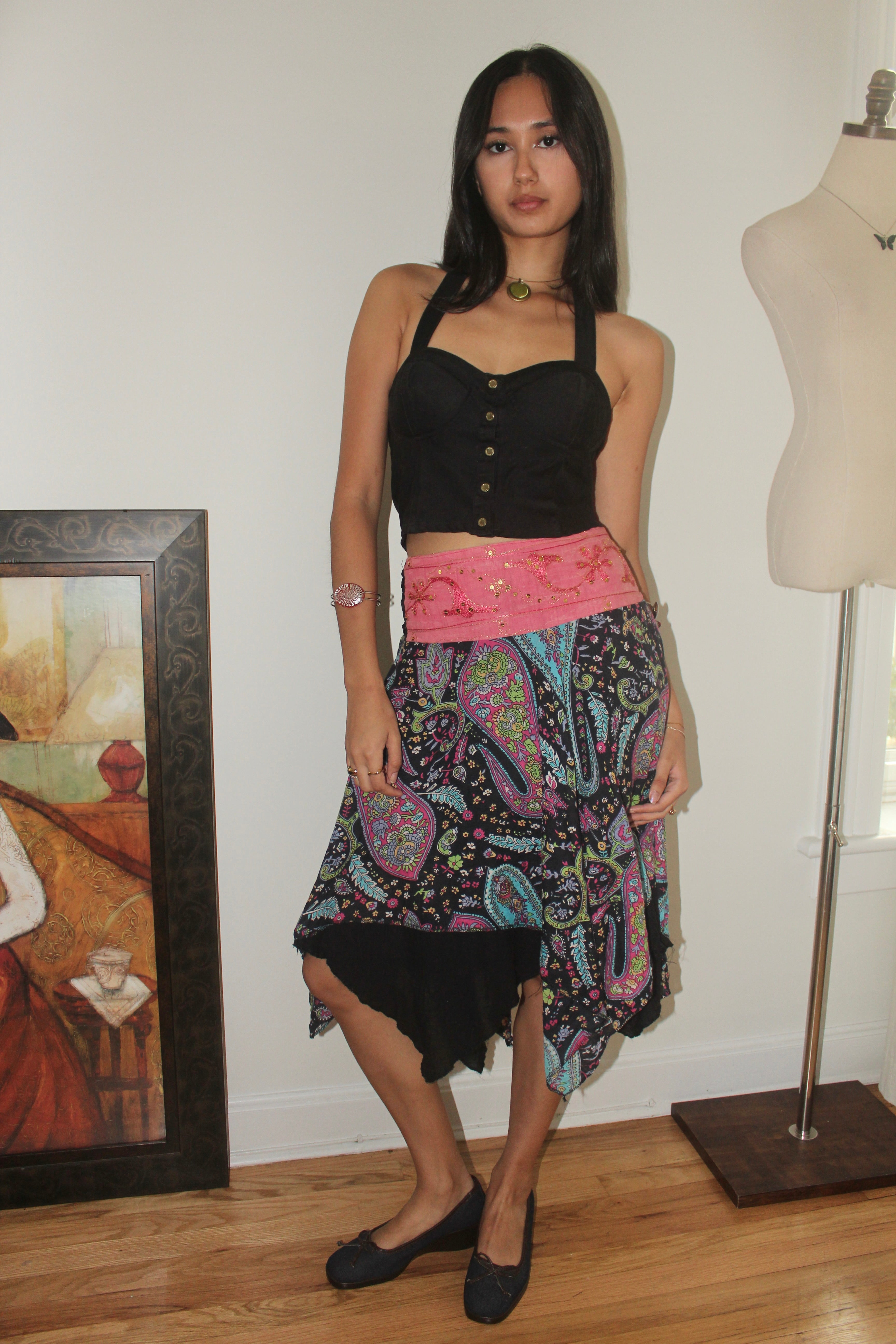 Vintage 90s Boho Beaded Handkerchief Midi Skirt (S)
