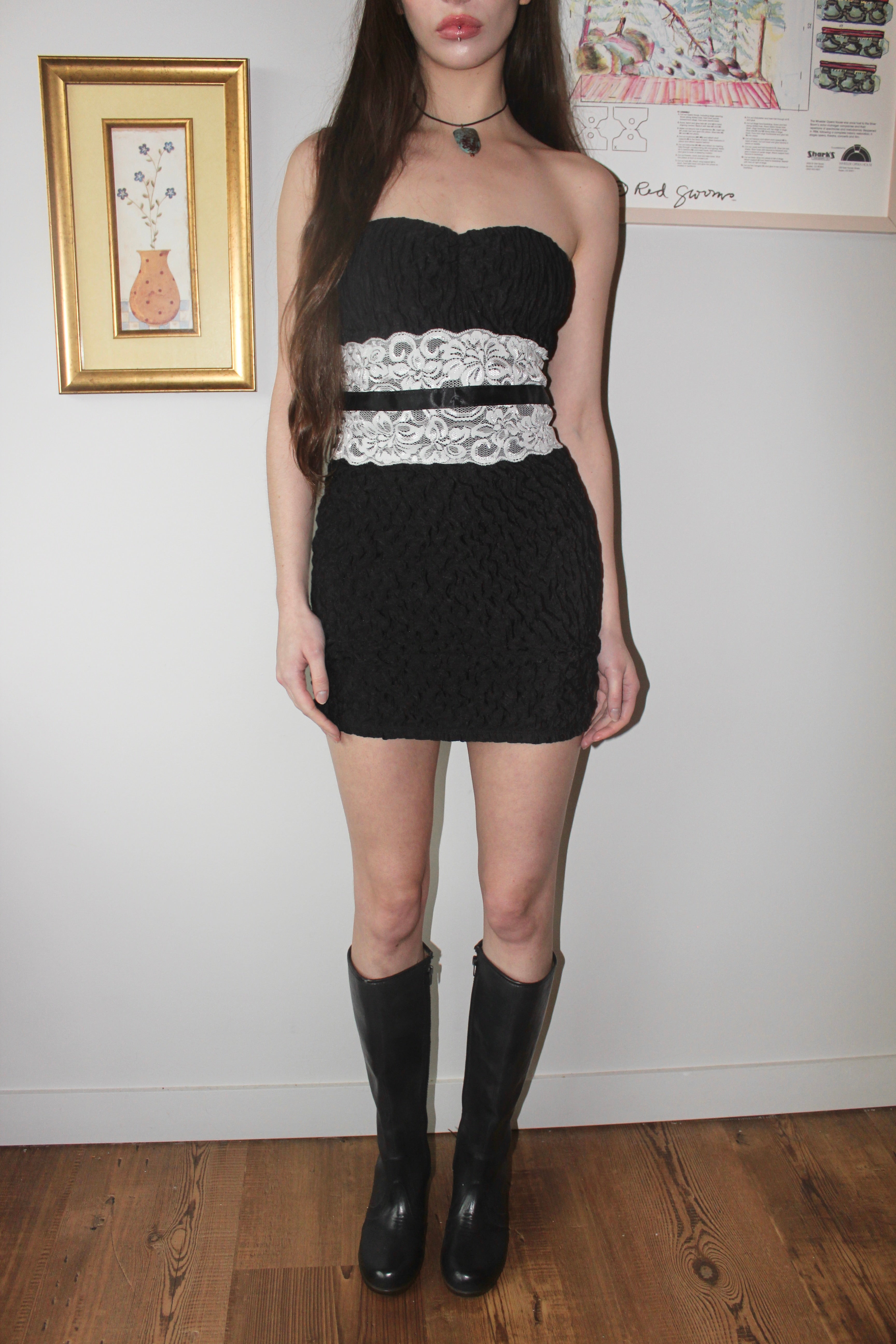 Vintage 90s Lace Ruched Mini Dress (S)