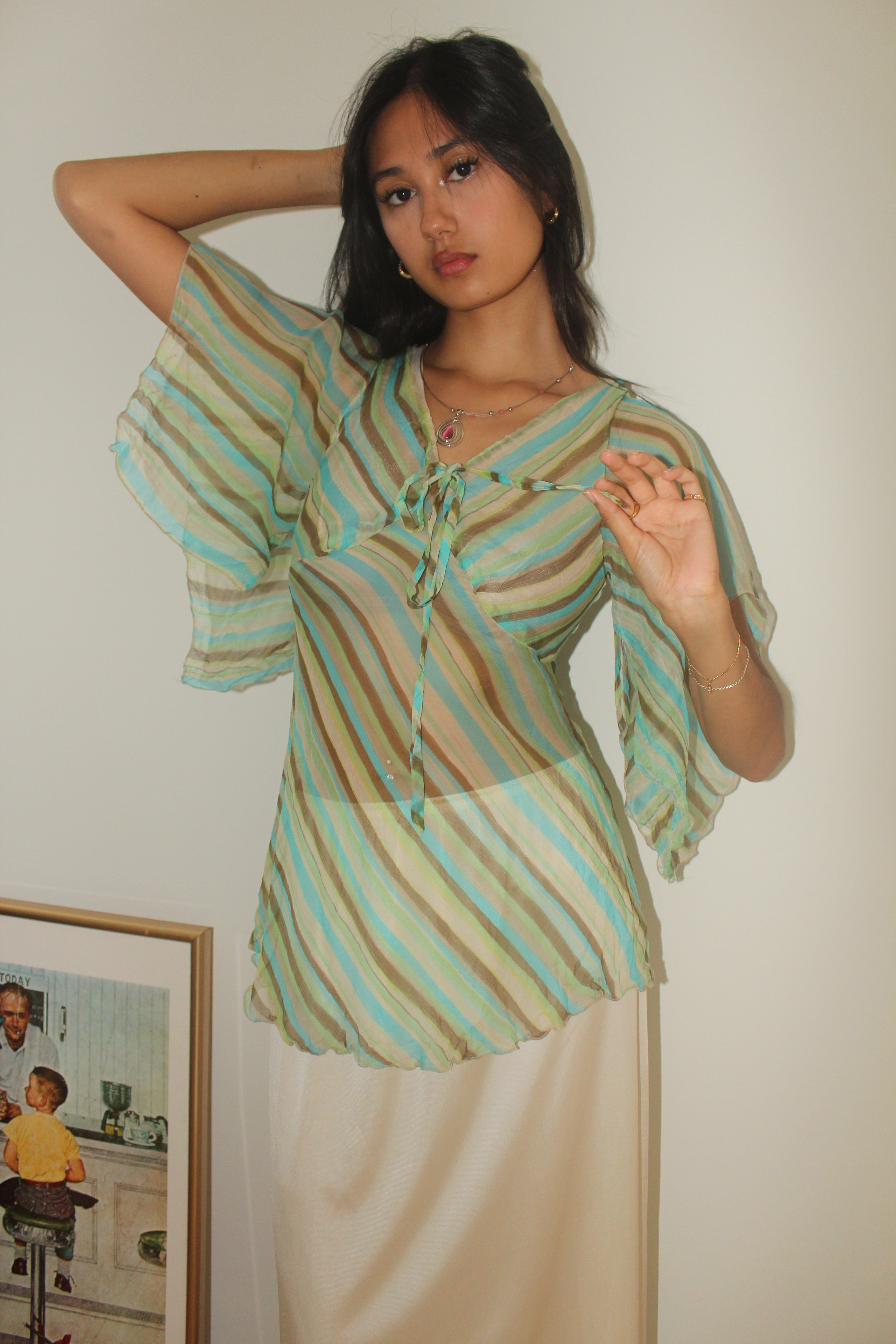 Vintage 90s Sheer Striped Silk Tie Blouse (S)