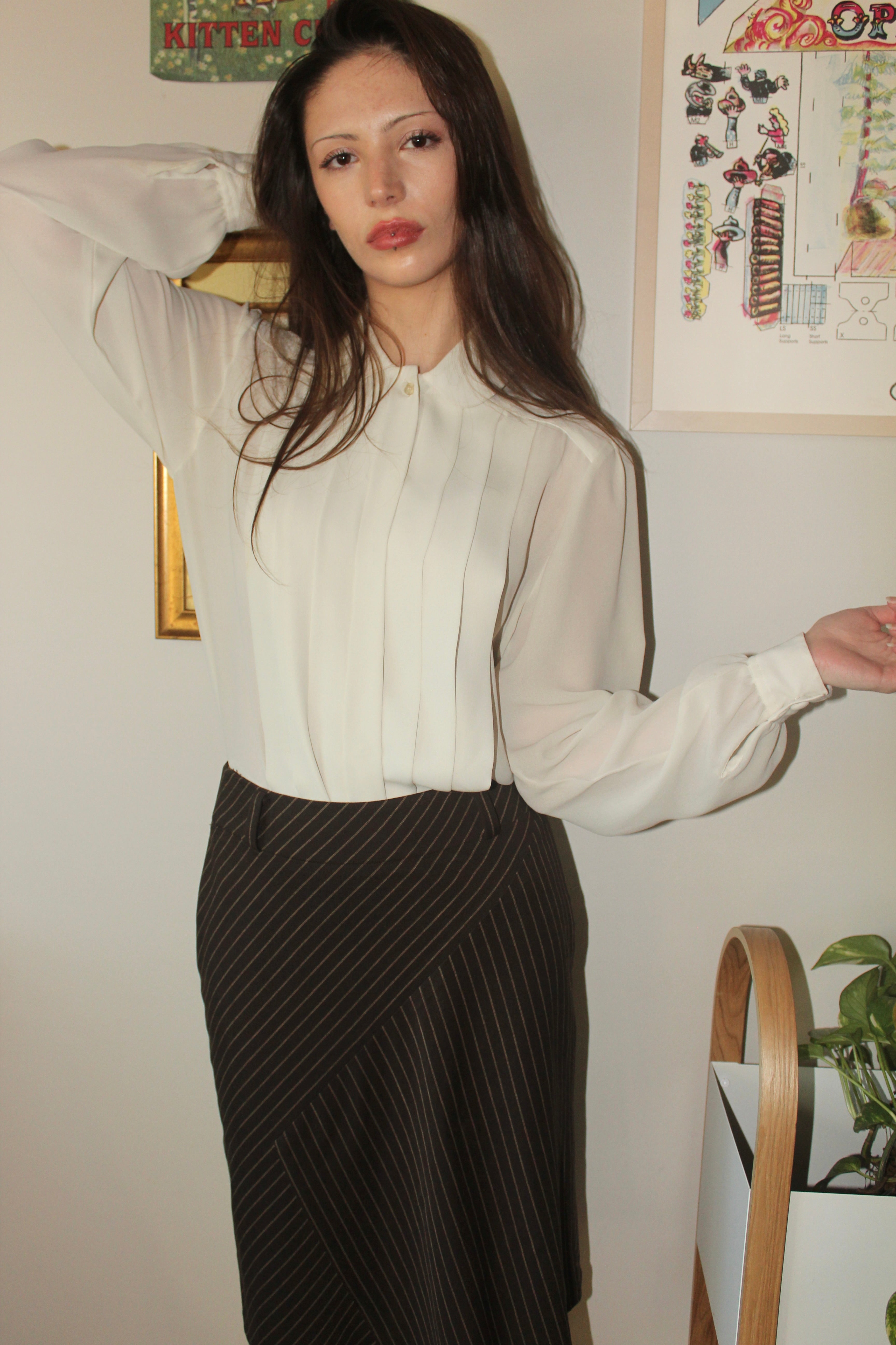 Vintage 80s Ivory Pleated Blouse (M)