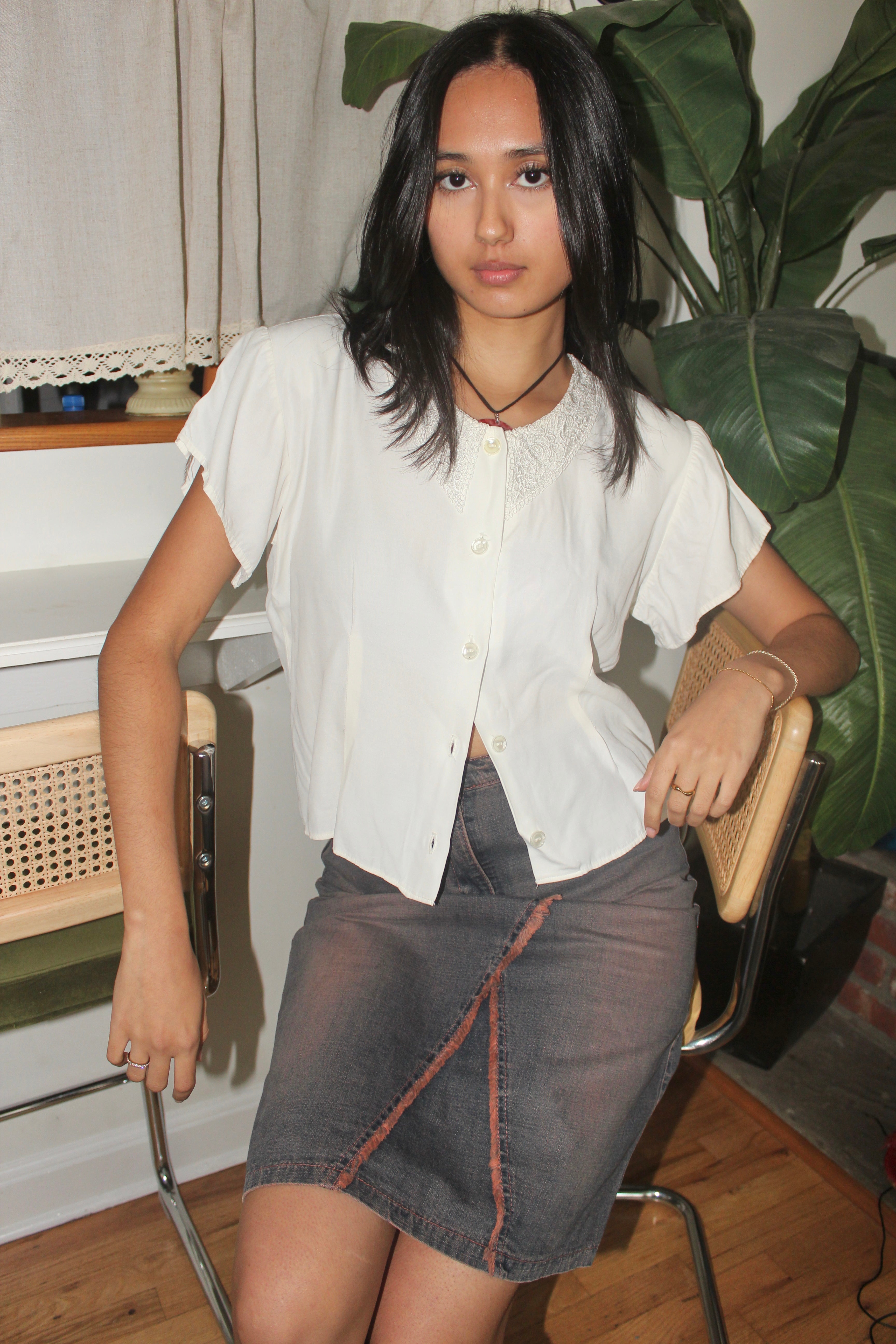 Vintage 90s Cropped Lace Collared Poet Blouse (S/M)