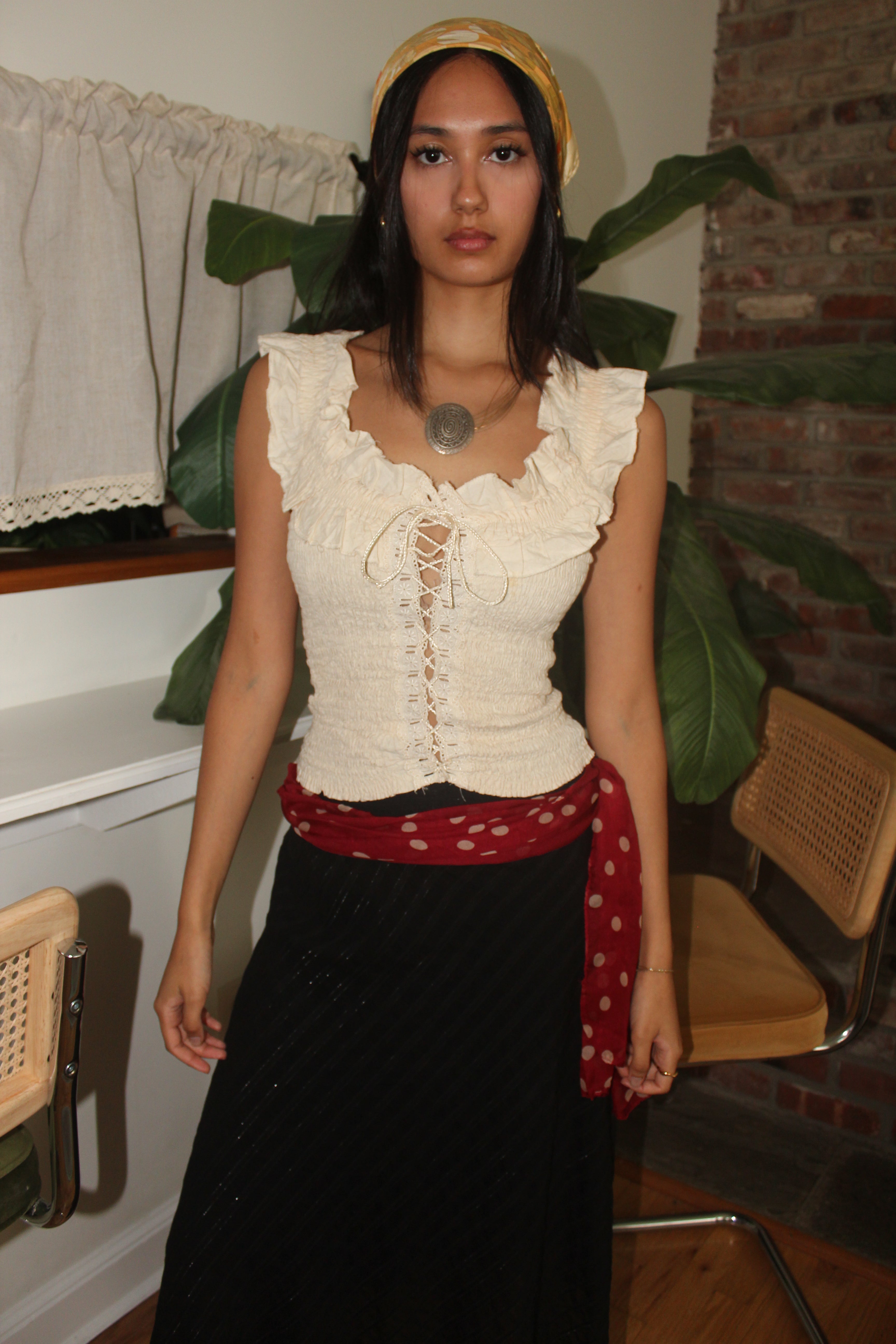 Vintage 90s Ruffled Lace Up Prairie Corset Top (XS/S)