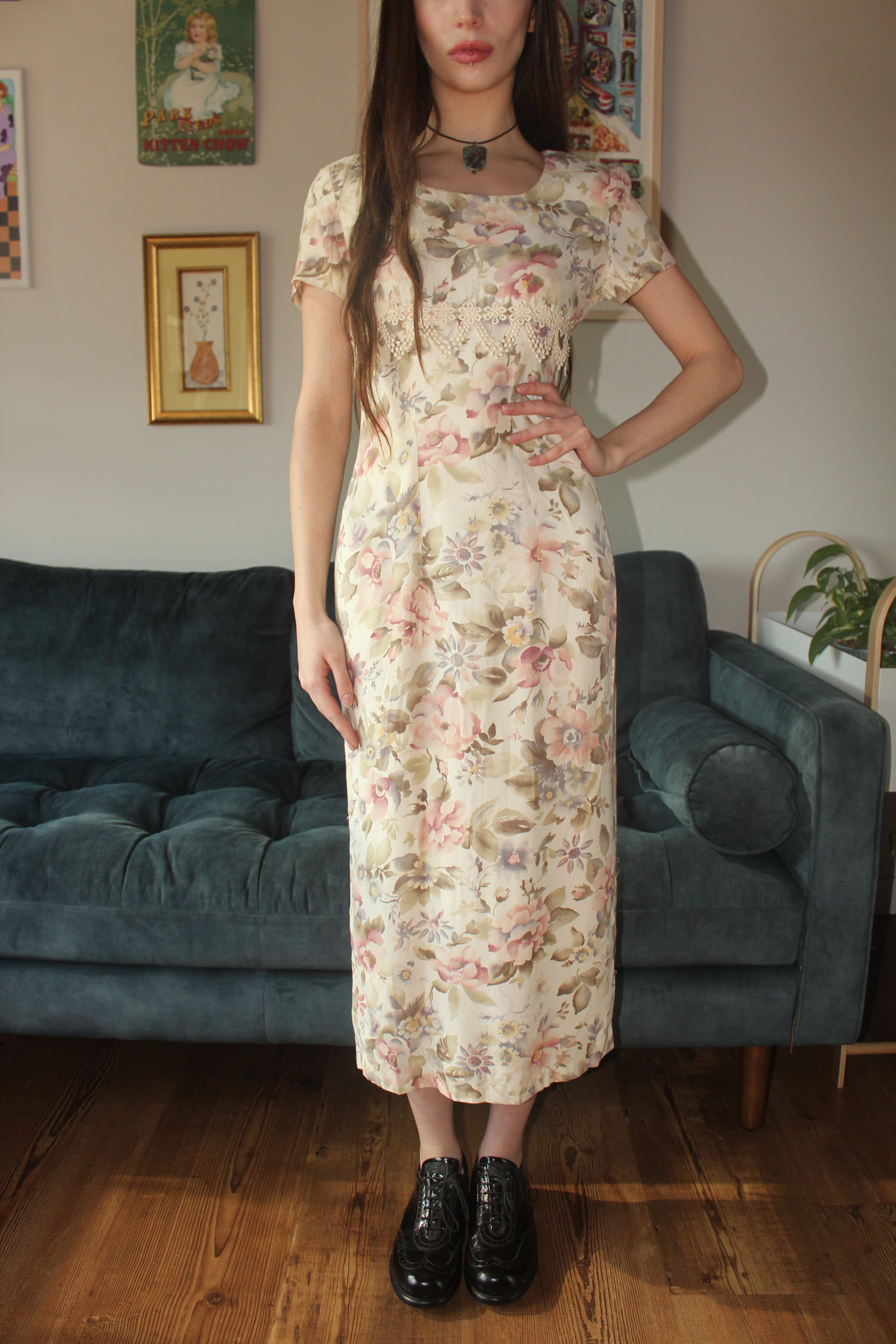Vintage 80s Floral Prairie Midi Dress (S)