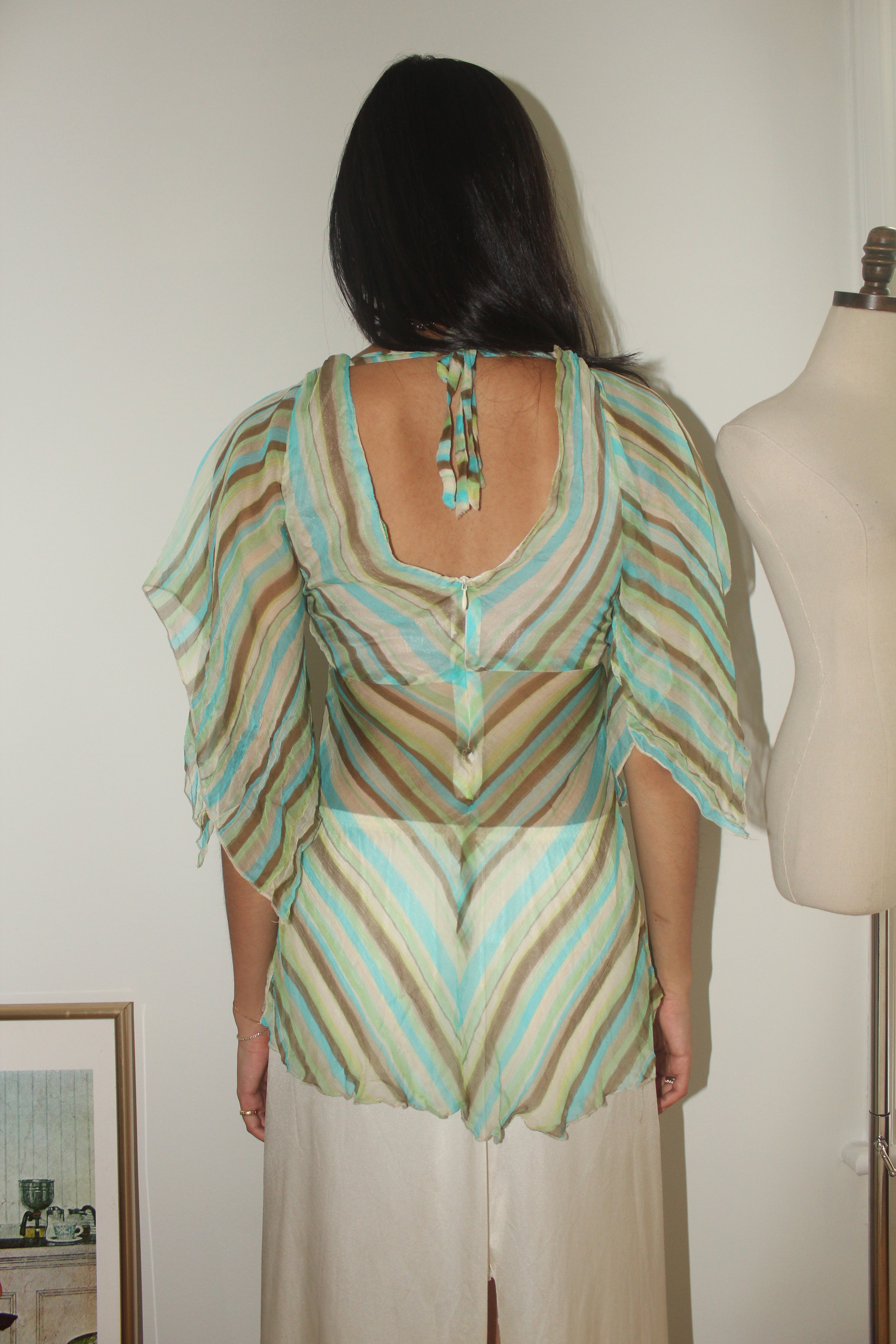Vintage 90s Sheer Striped Silk Tie Blouse (S)