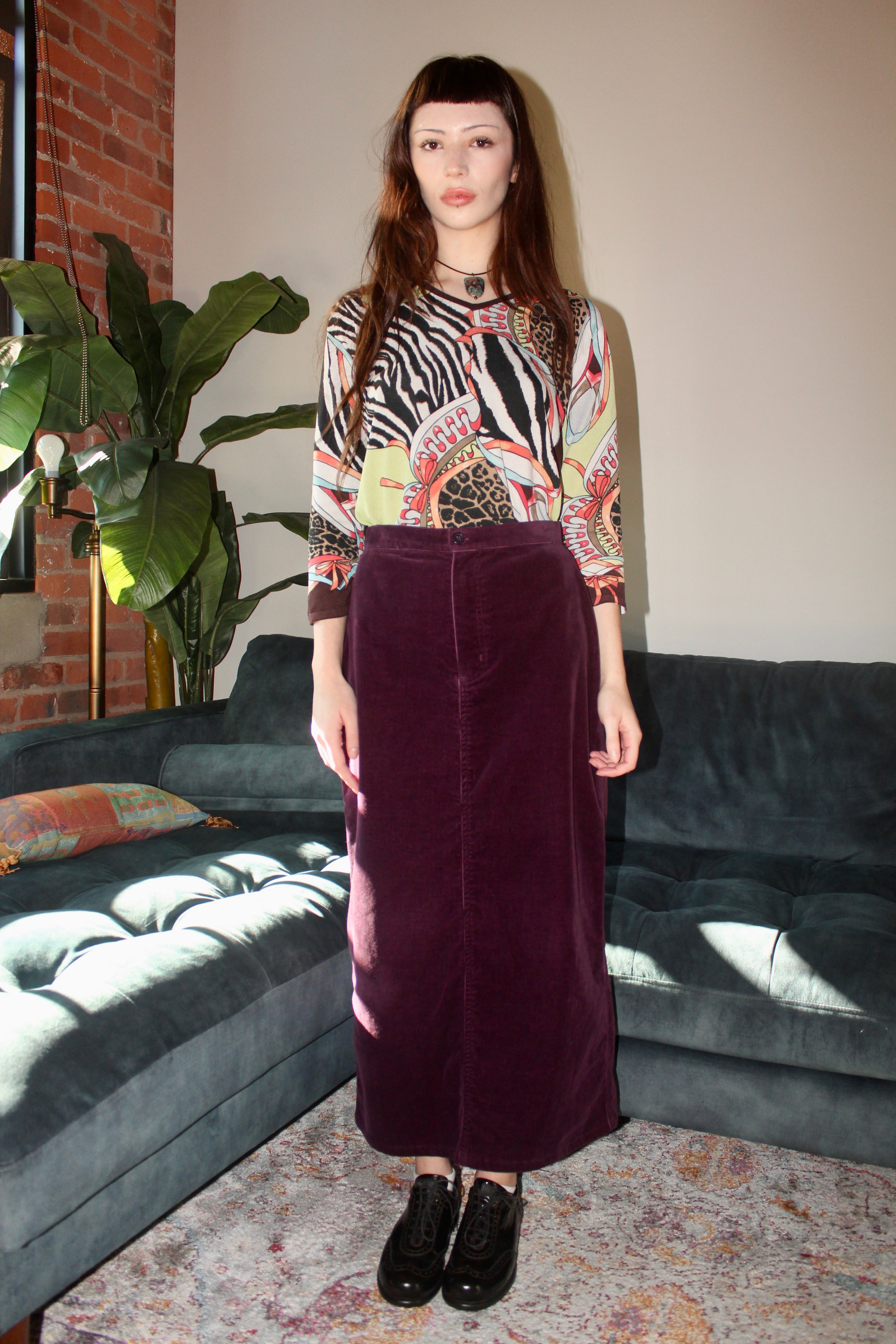 Vintage 90s Grape Corduroy Midi Skirt