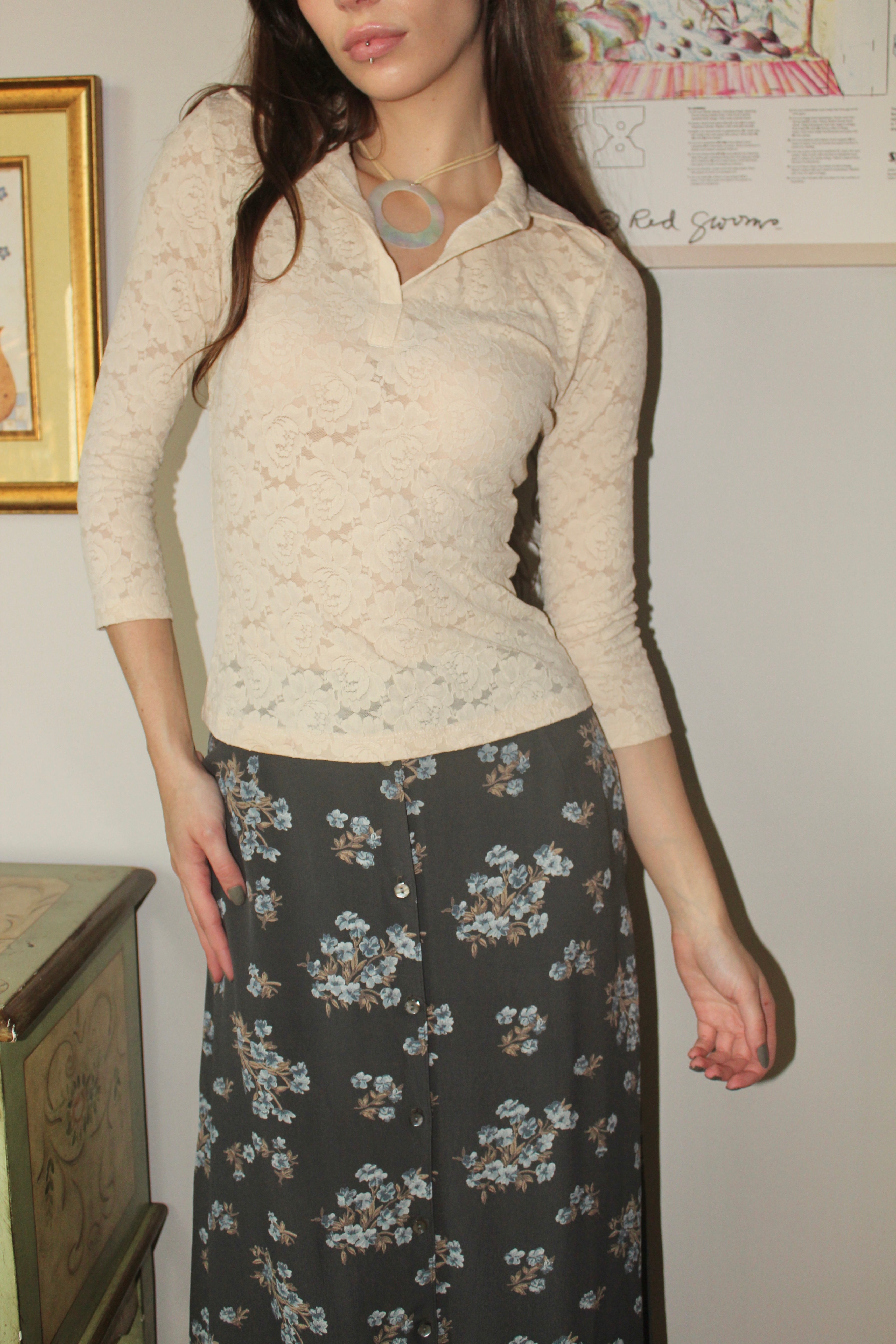 Vintage 90s Oatmeal Lace Collared Knit (XS/S)