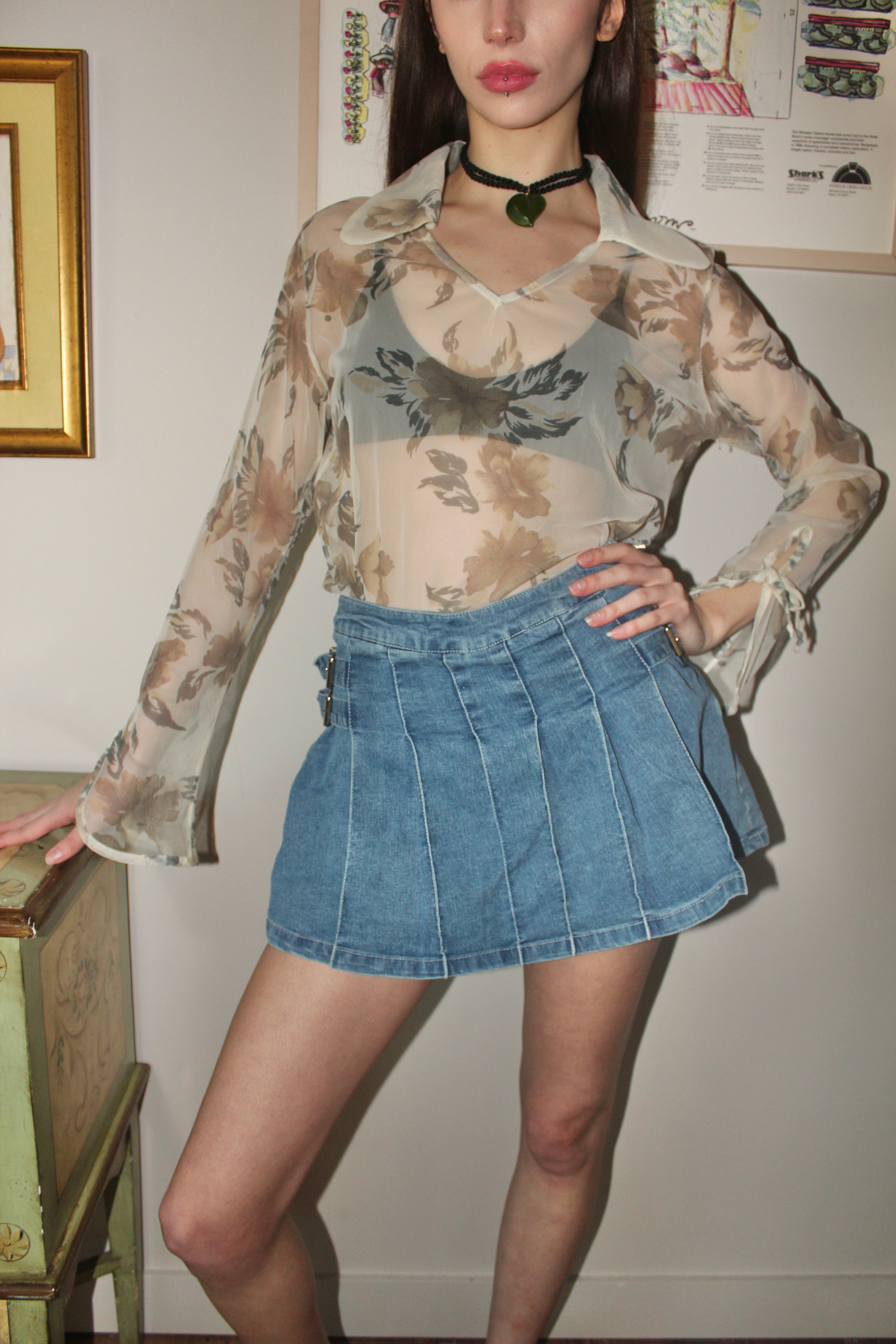 Vintage 90s Sheer Patterned Blouse (M)
