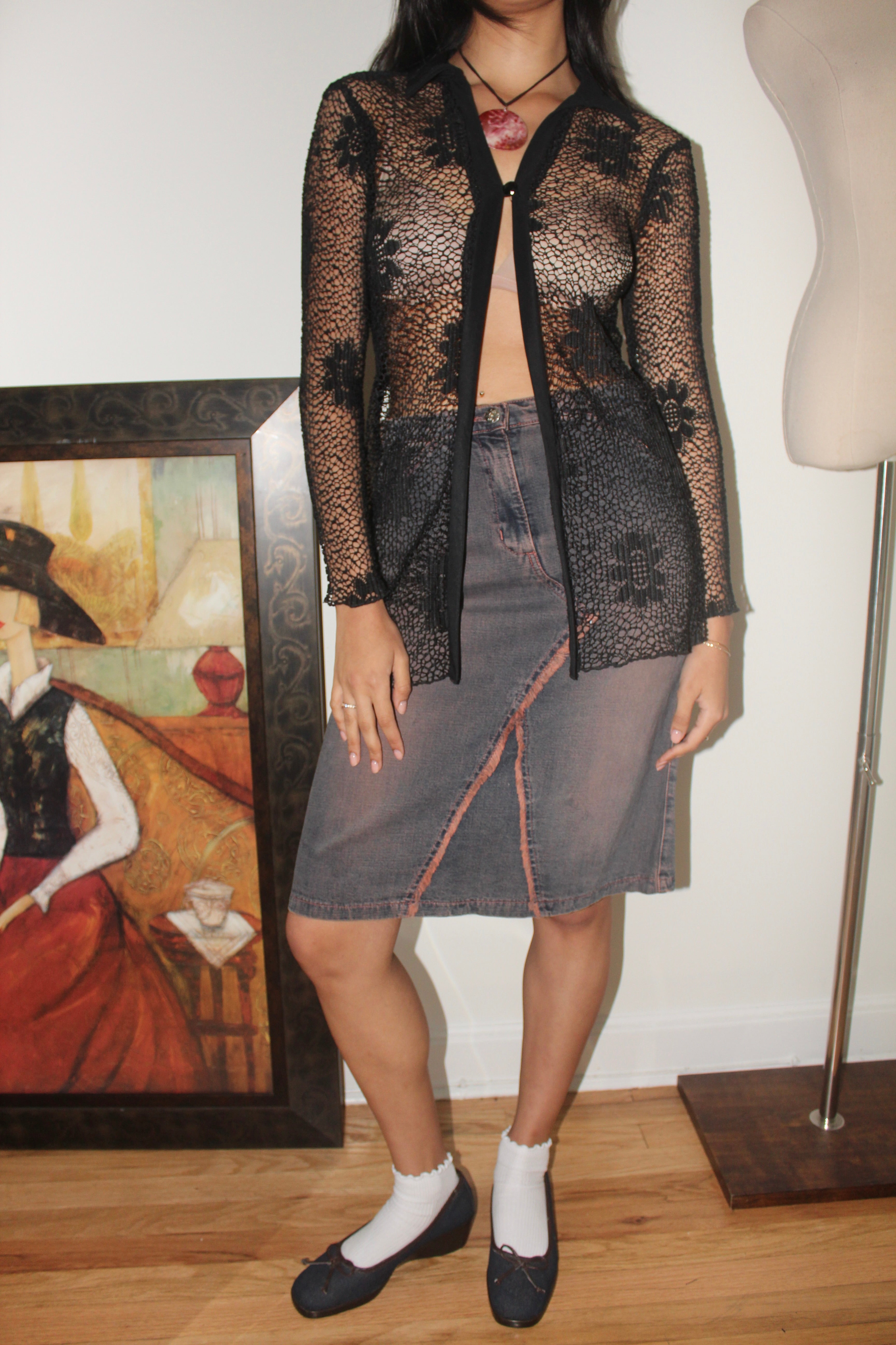Vintage 90s Indie Floral Mesh Split Front Top (S)