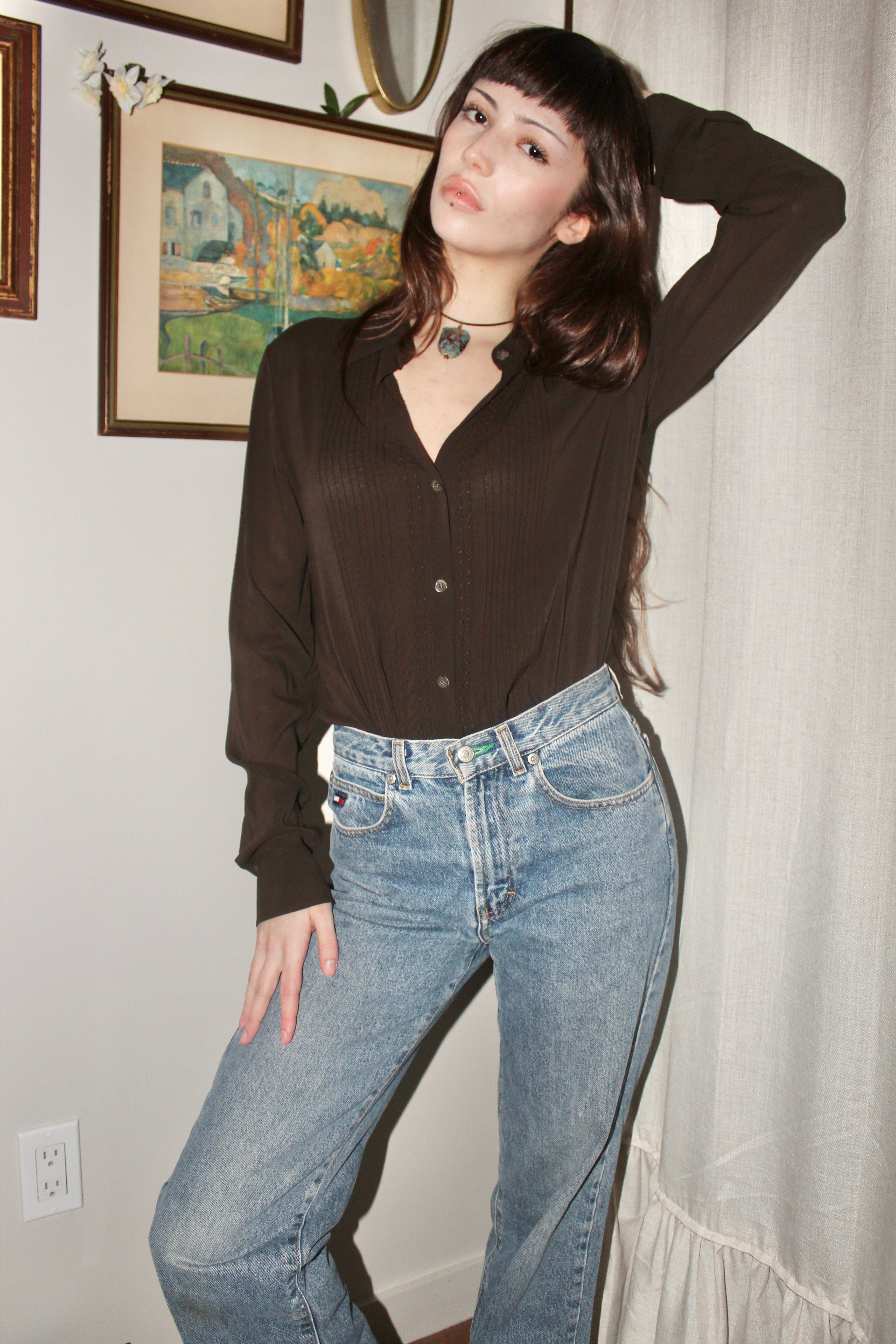 Vintage Chocolate Pleated Silk Blouse (M)