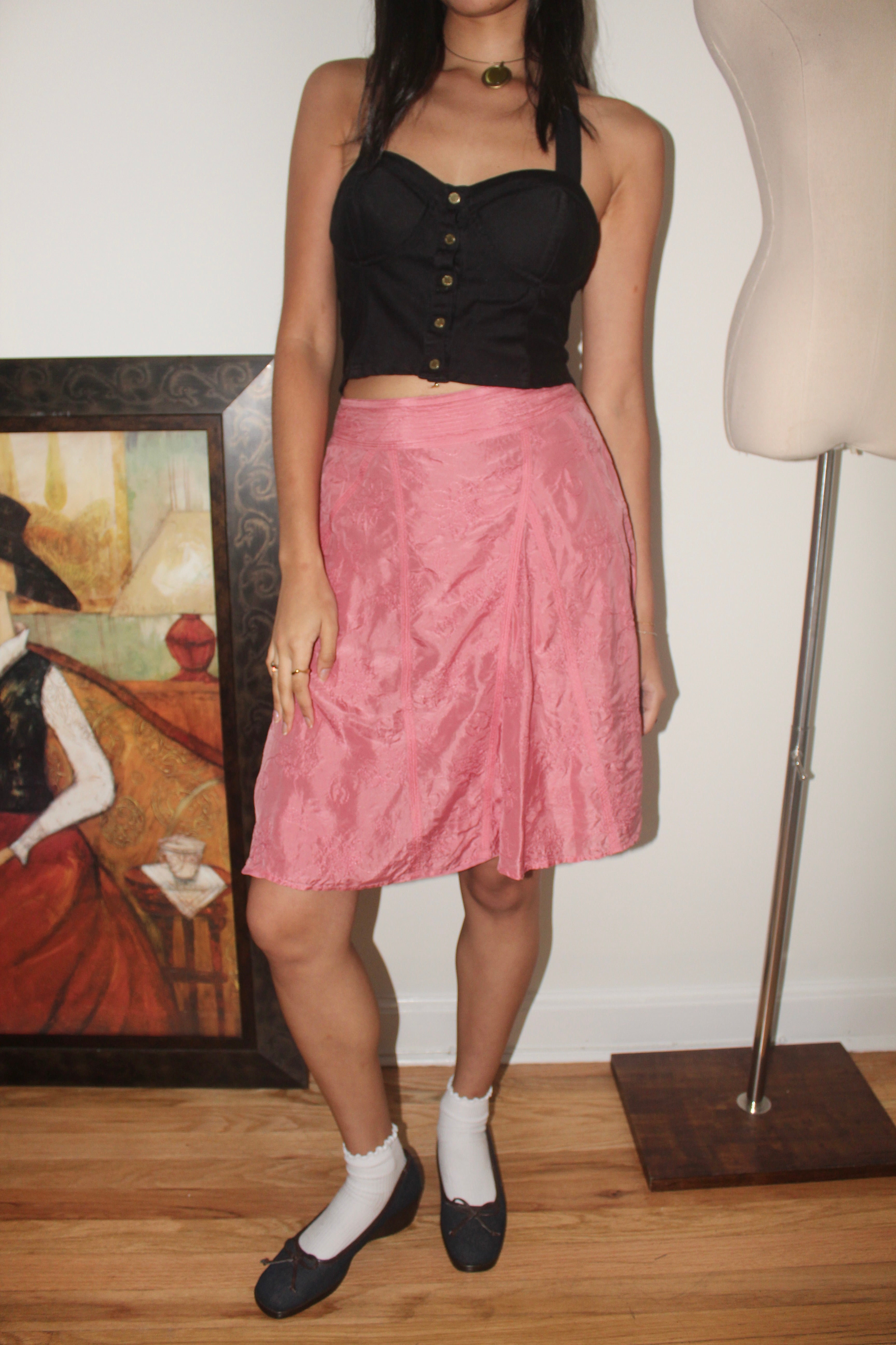 Vintage 90s Silk Embroidered Midi Skirt (S)