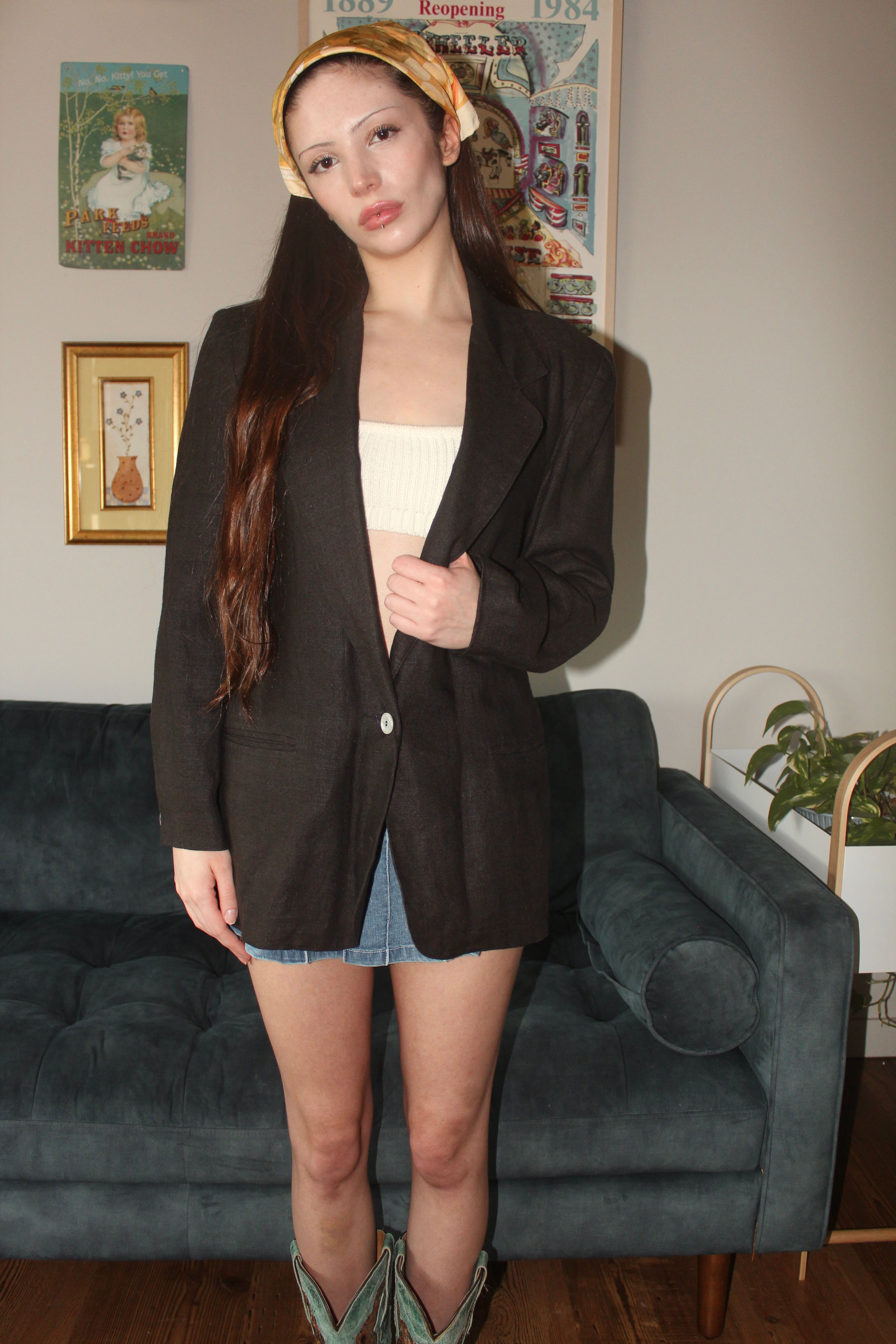 Vintage 90s Chocolate Brown Linen Blazer (M)