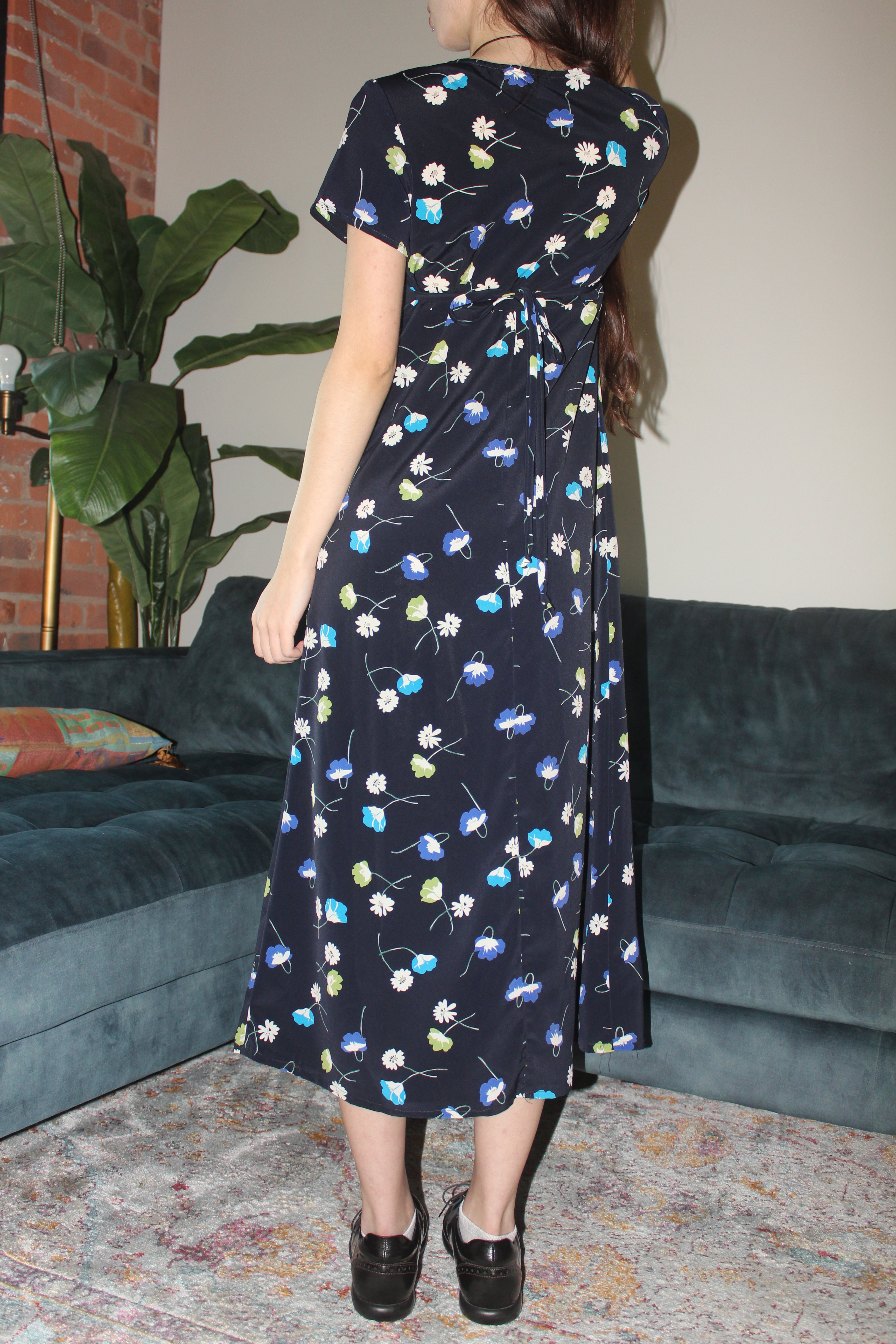 Vintage 90s Floral Tie Back Midi Dress (S)