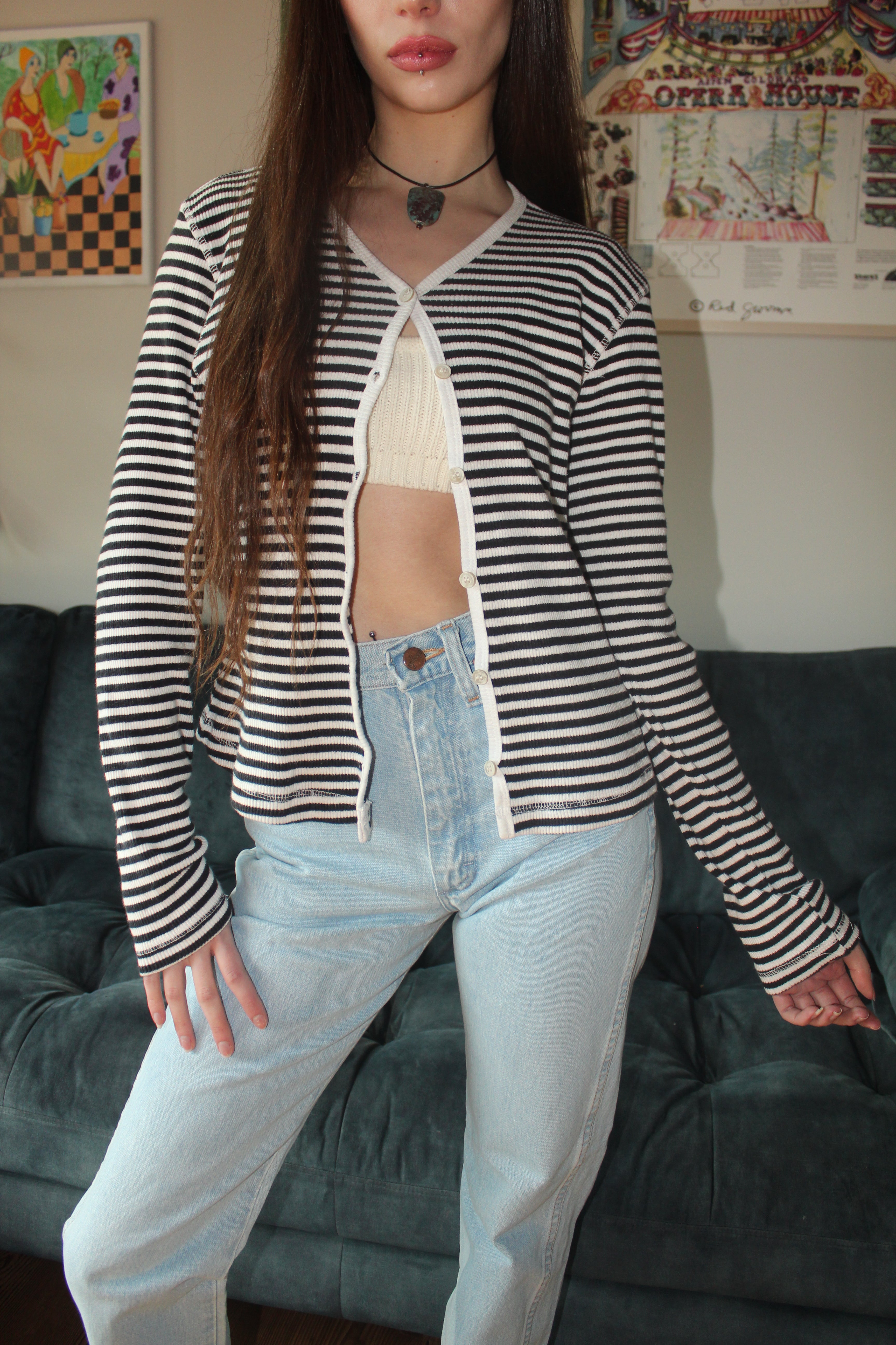 Vintage 90s Retro Striped Knit Cardigan (S/M)