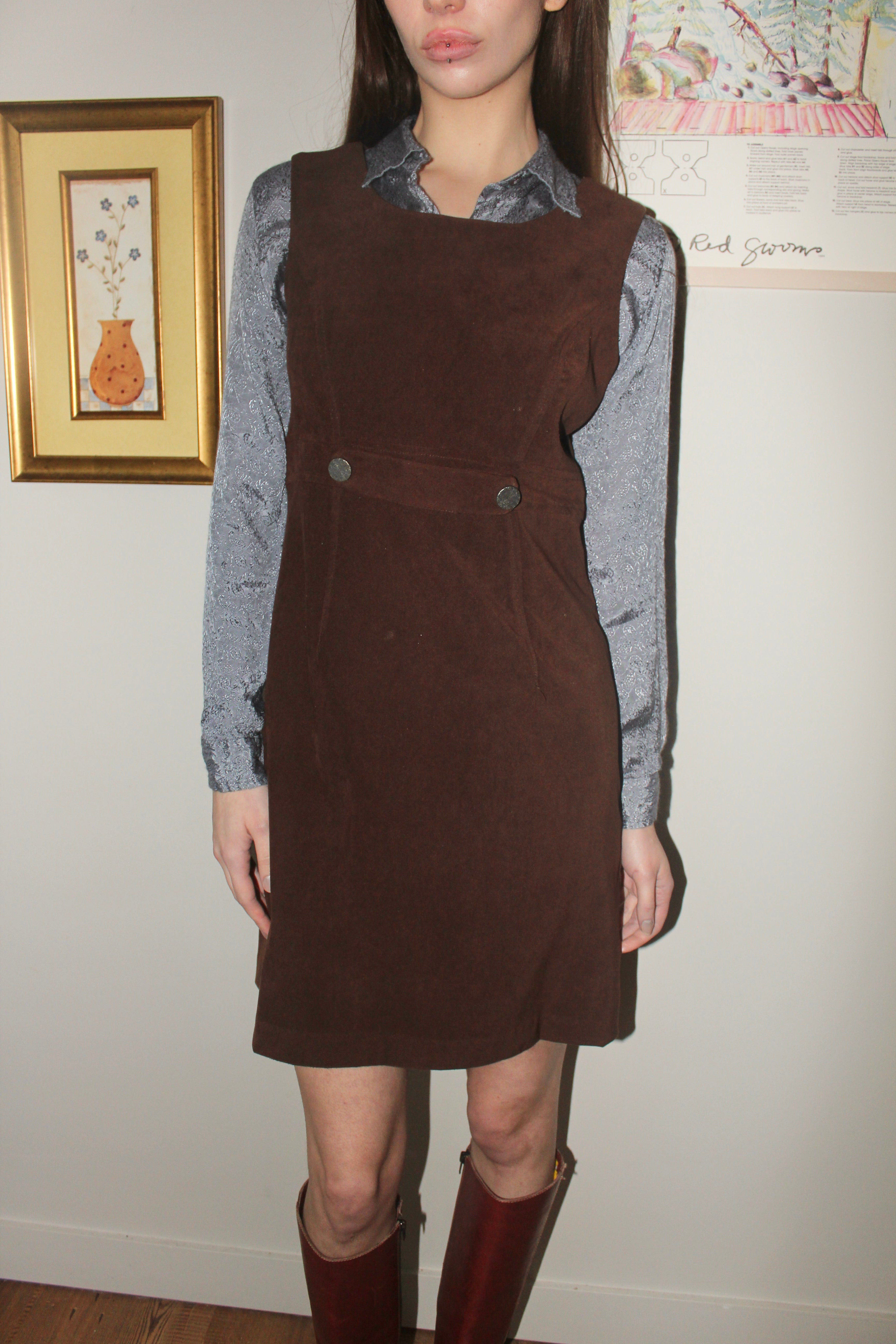 Vintage 90s Corduroy Mini Overall Dress (M)