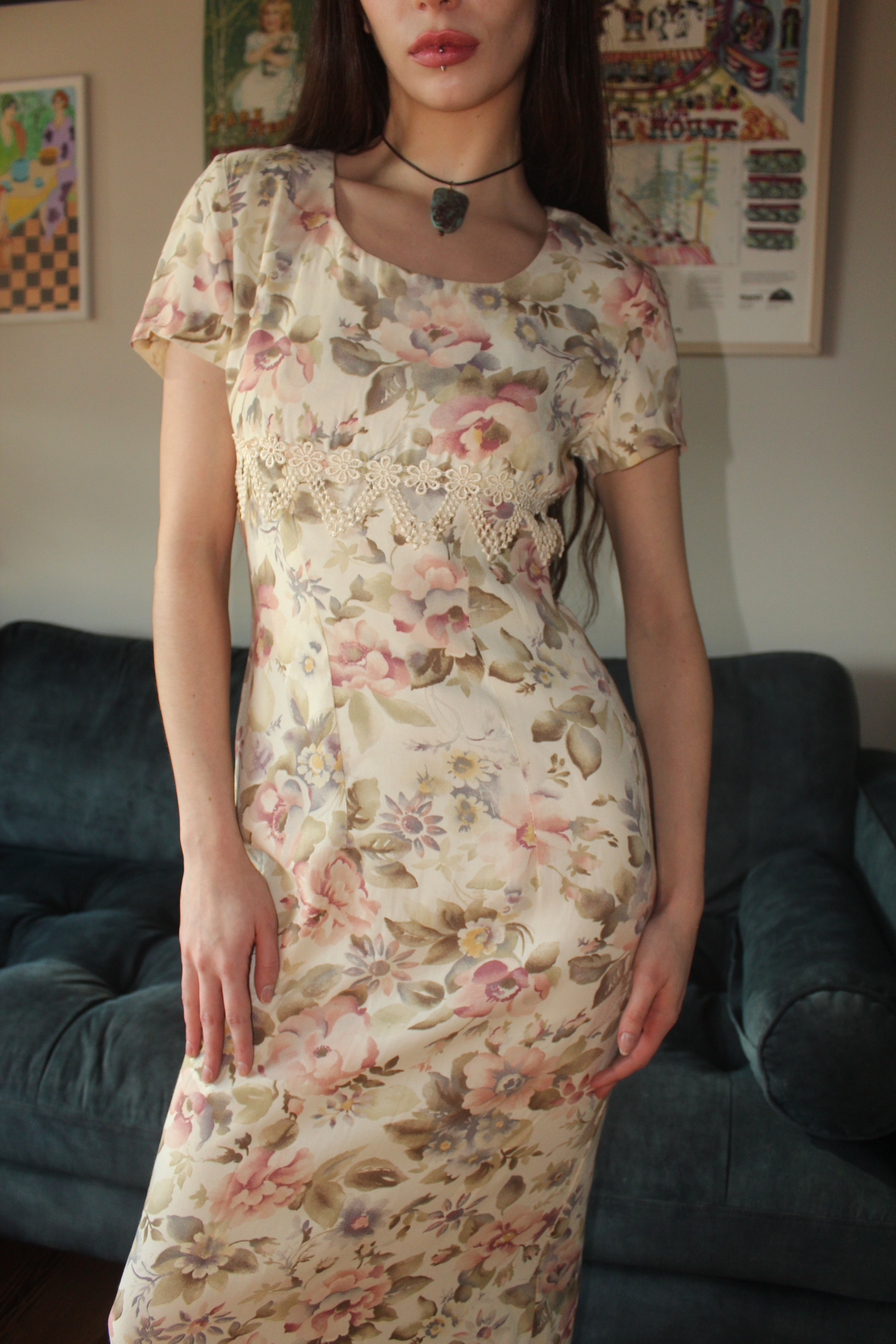 Vintage 80s Floral Prairie Midi Dress (S)