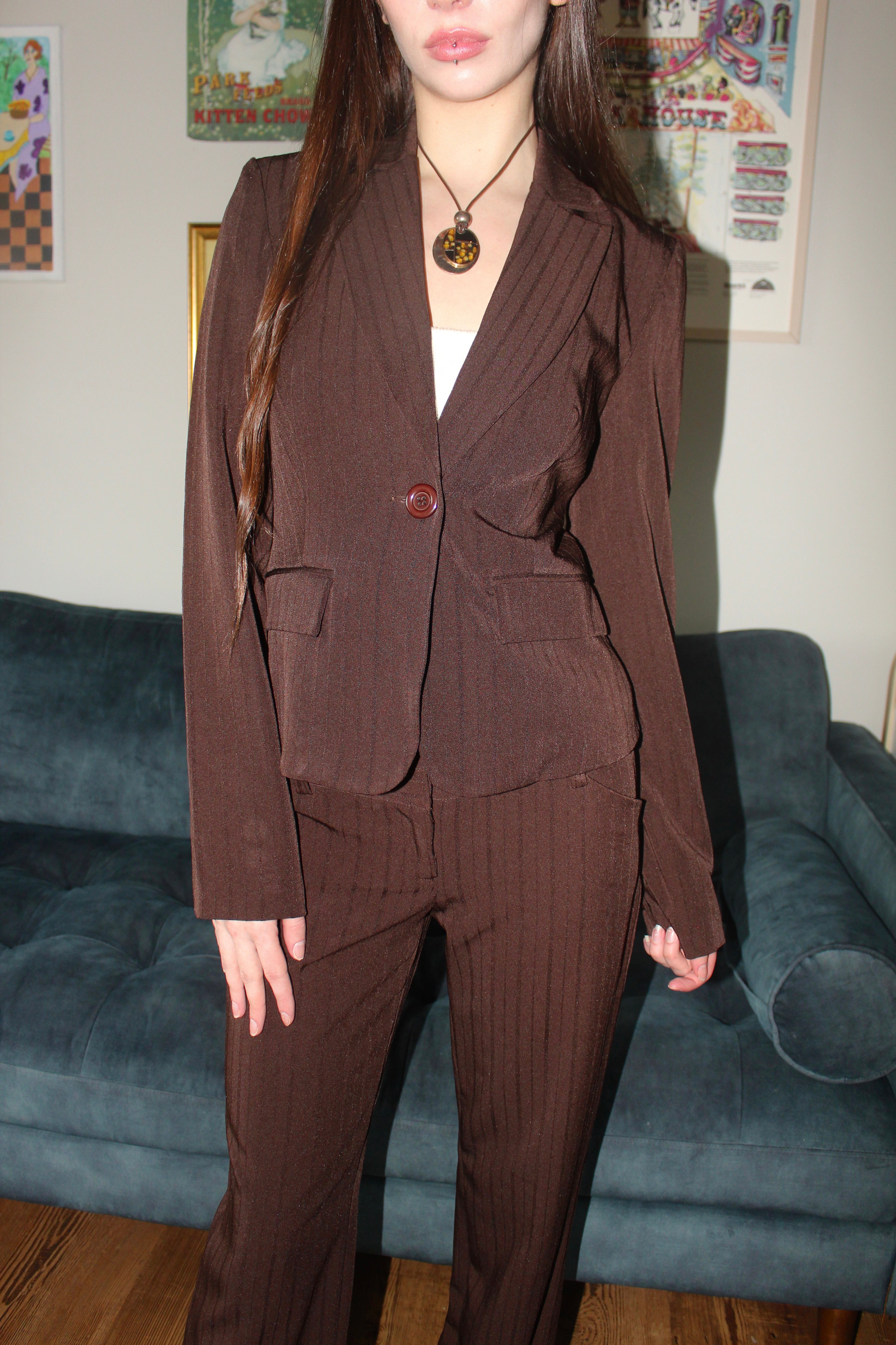 Vintage 90s Chocolate Striped Suit Set (S)