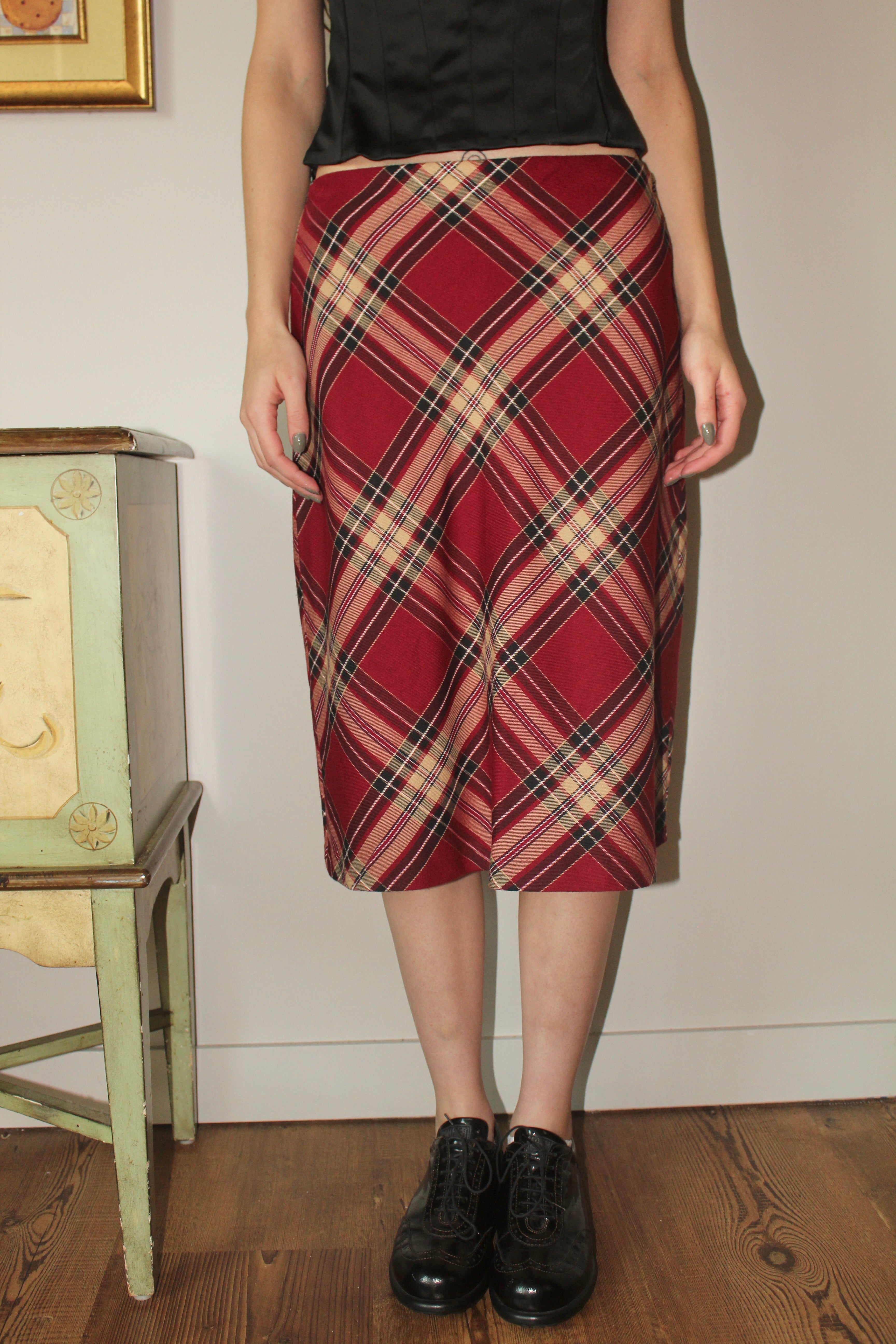 Vintage 90s Raspberry Plaid Midi Skirt (M)
