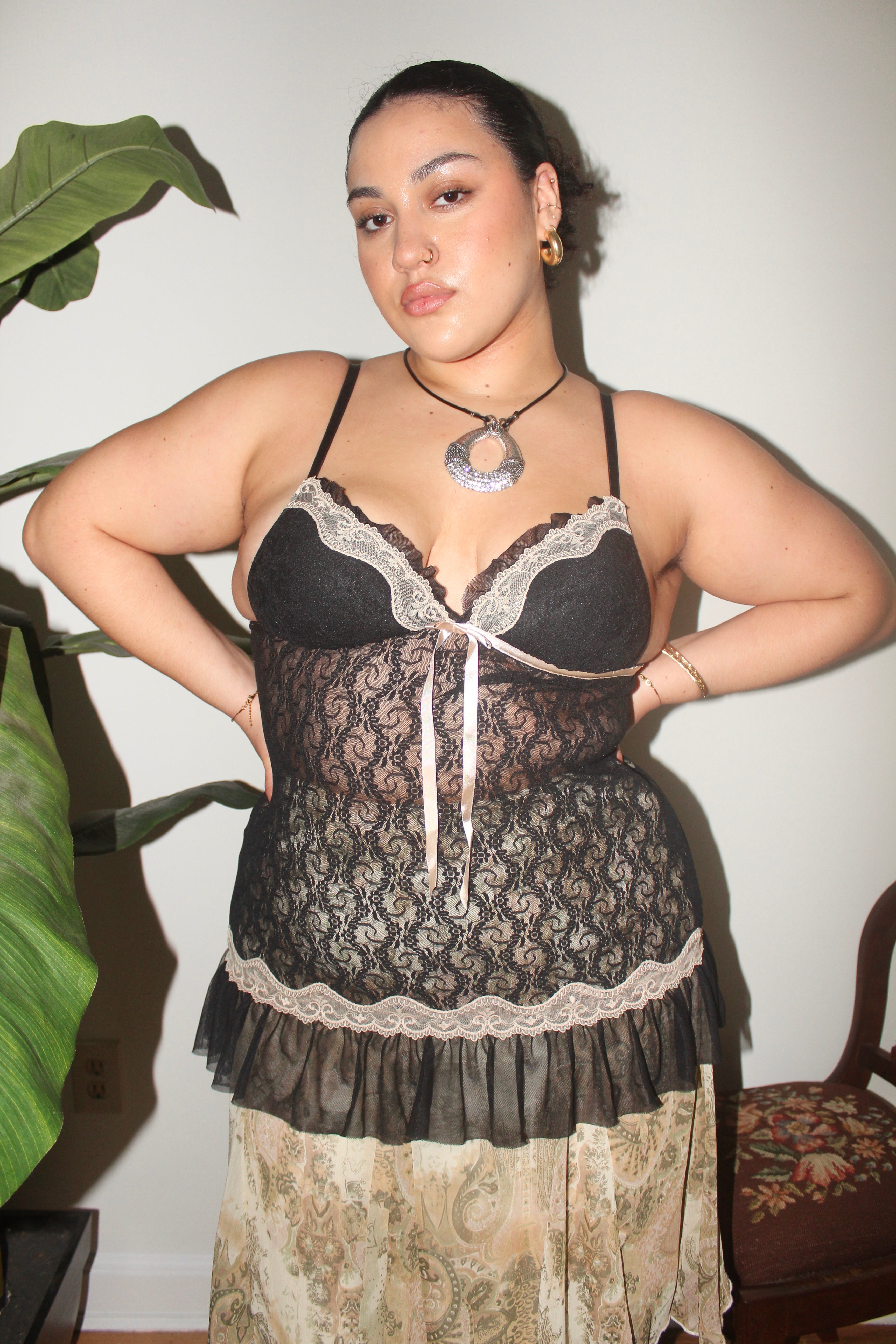 Vintage 90s Lace Embroidered Bustier Top (L)