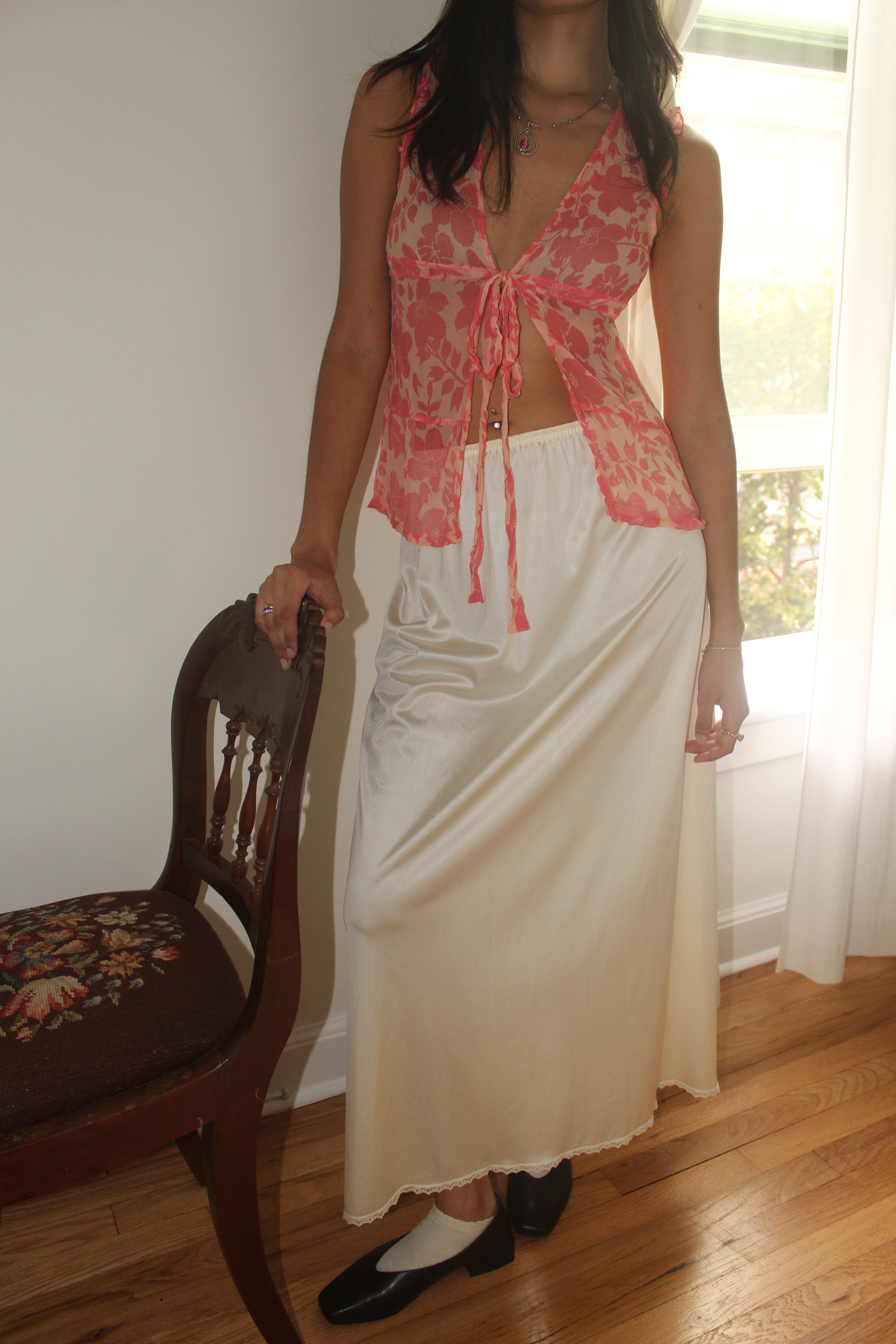 Vintage 90s Semi Sheer Ruffled Silk Tie Blouse (S)