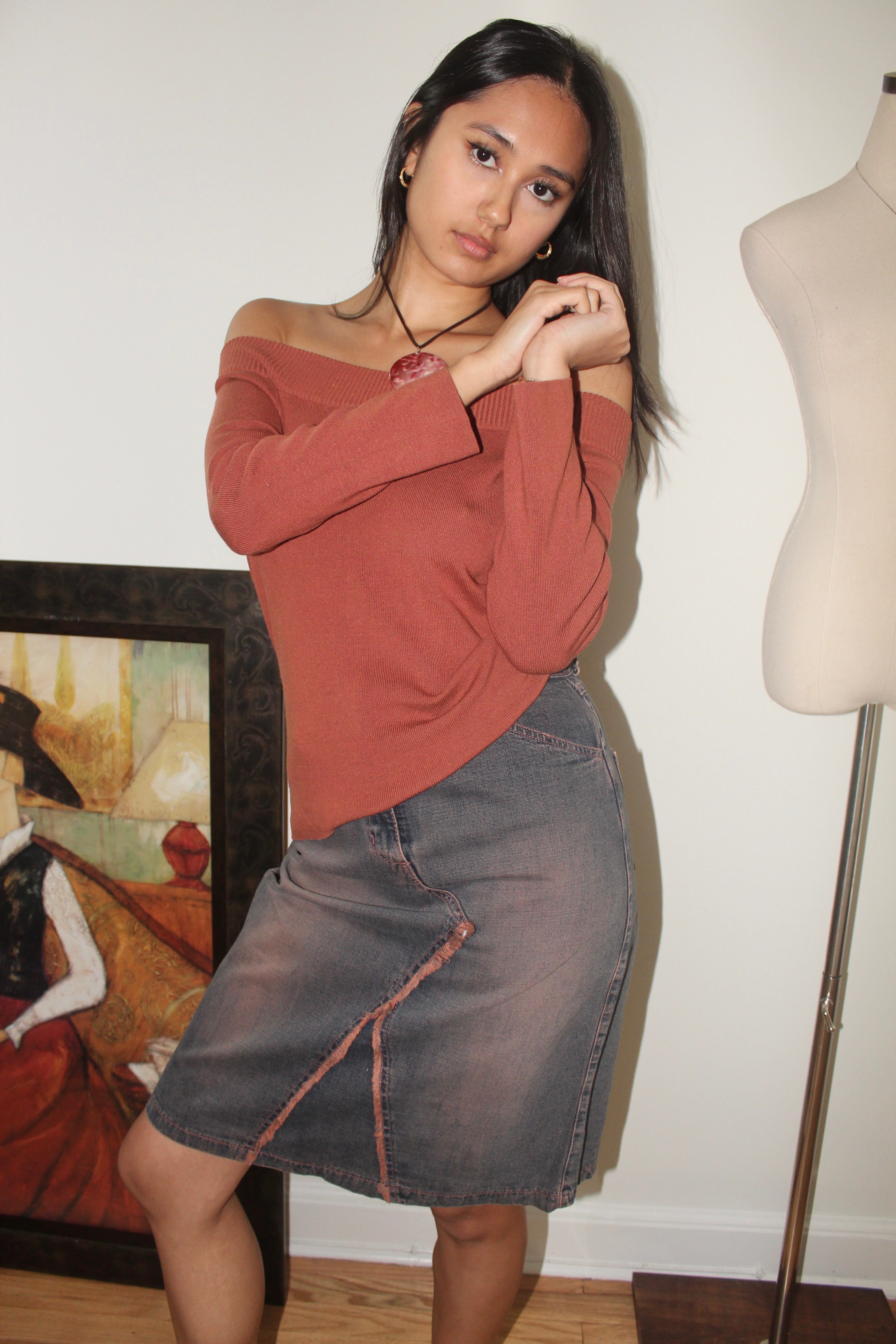 Vintage 90s Silk Apricot Off Shoulder Knit Top (S)