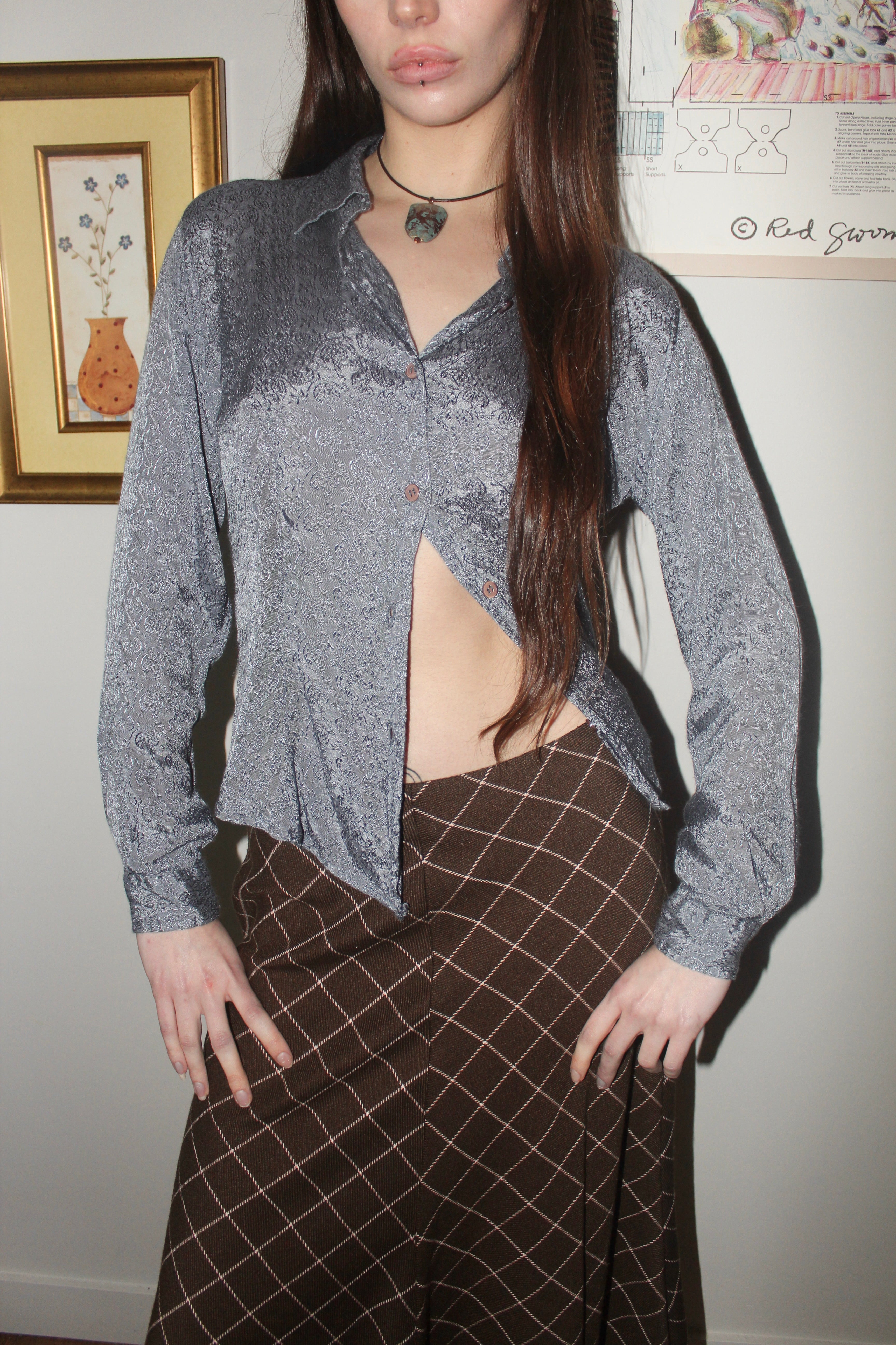 Vintage 90s Slinky Periwinkle Embossed Button Up (S)
