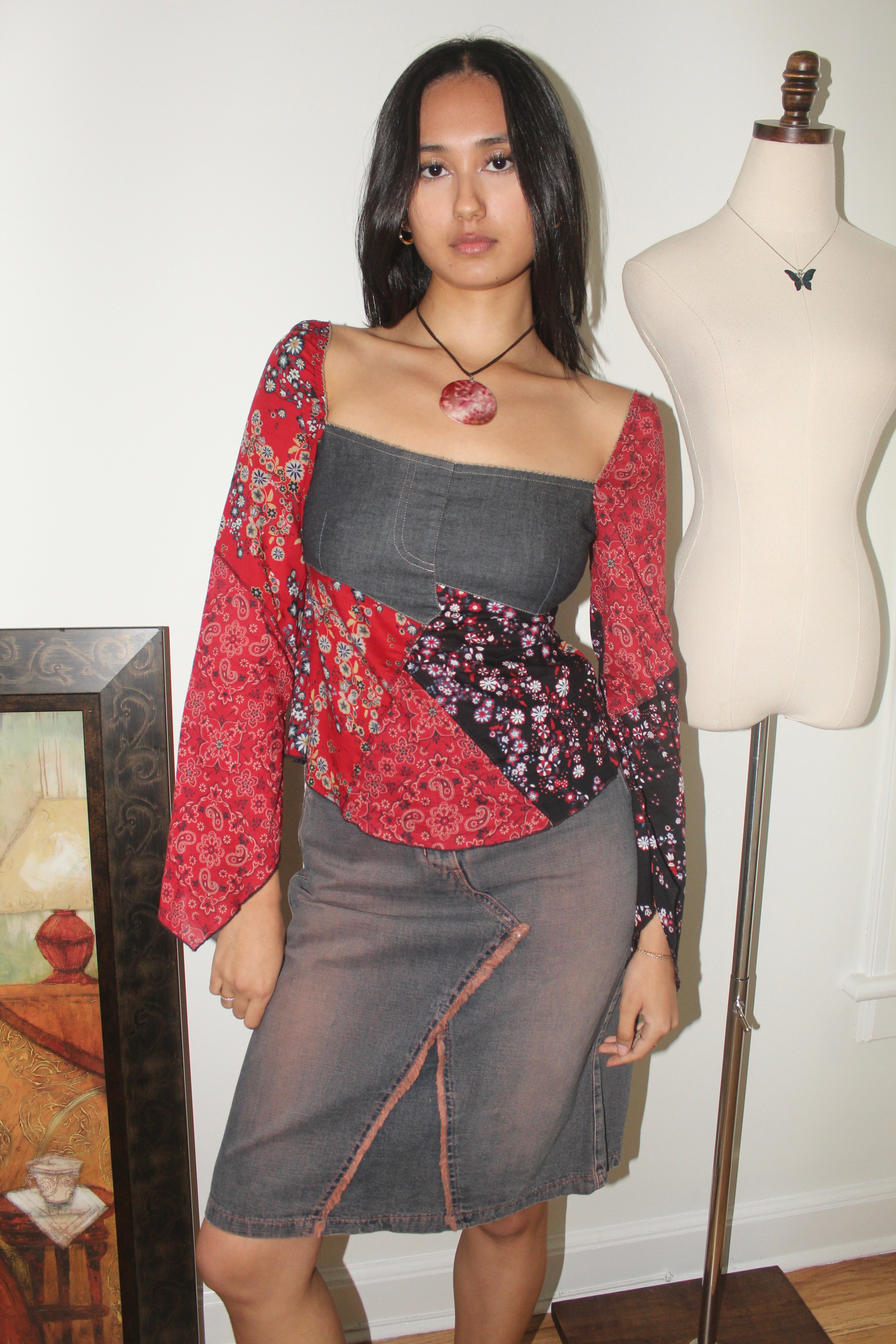 Vintage Y2K DKNY Patchwork Denim Boho Blouse (XS/S)