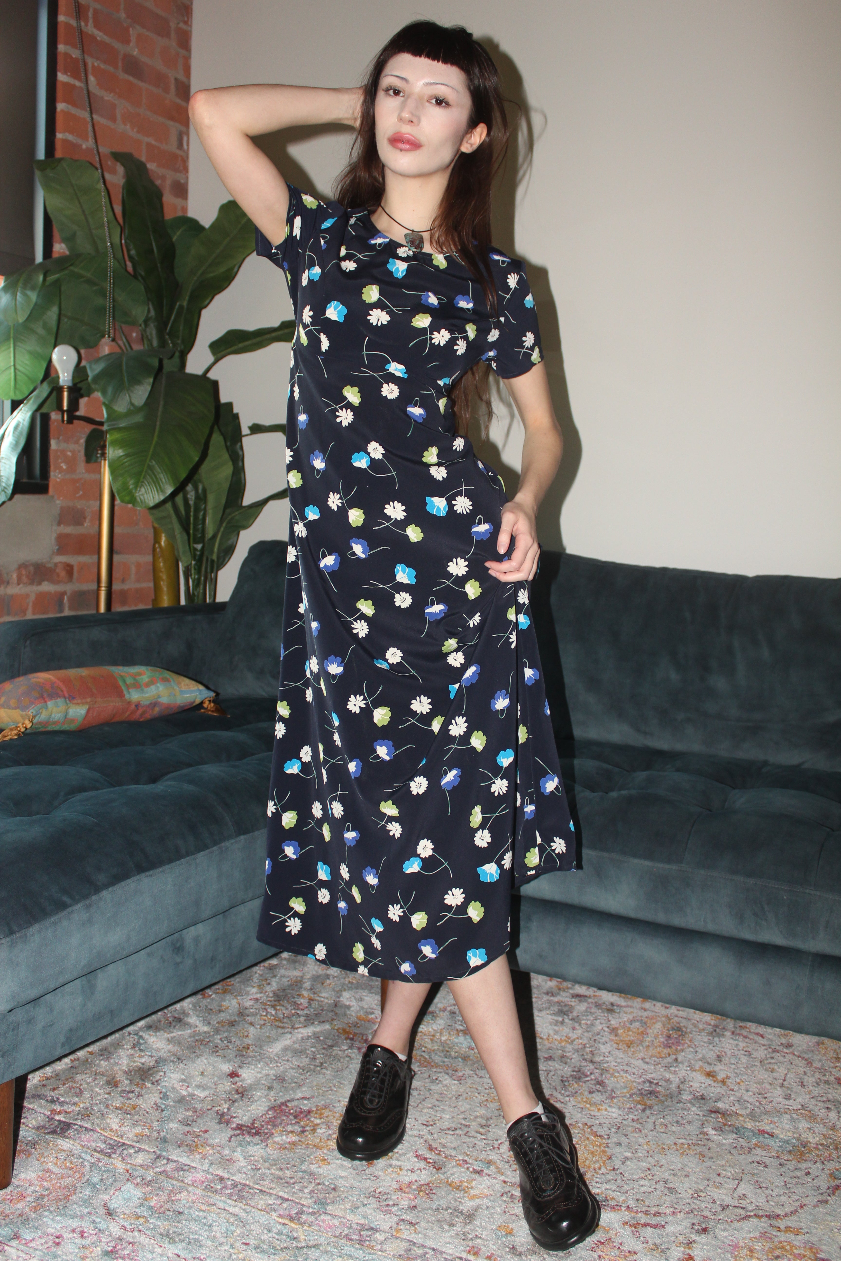 Vintage 90s Floral Tie Back Midi Dress (S)