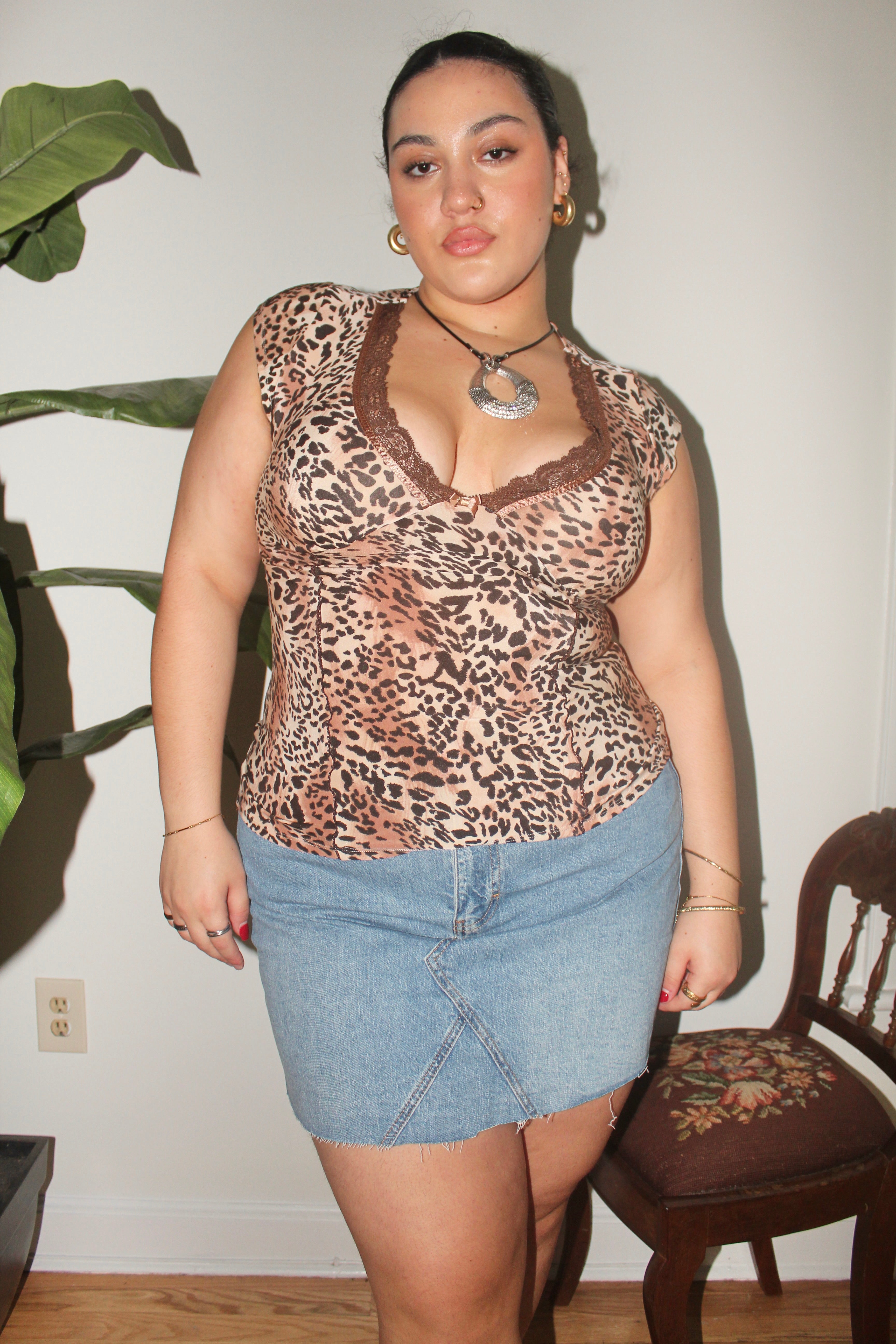 Vintage 90s Leopard Tie Back Short Sleeve (L)