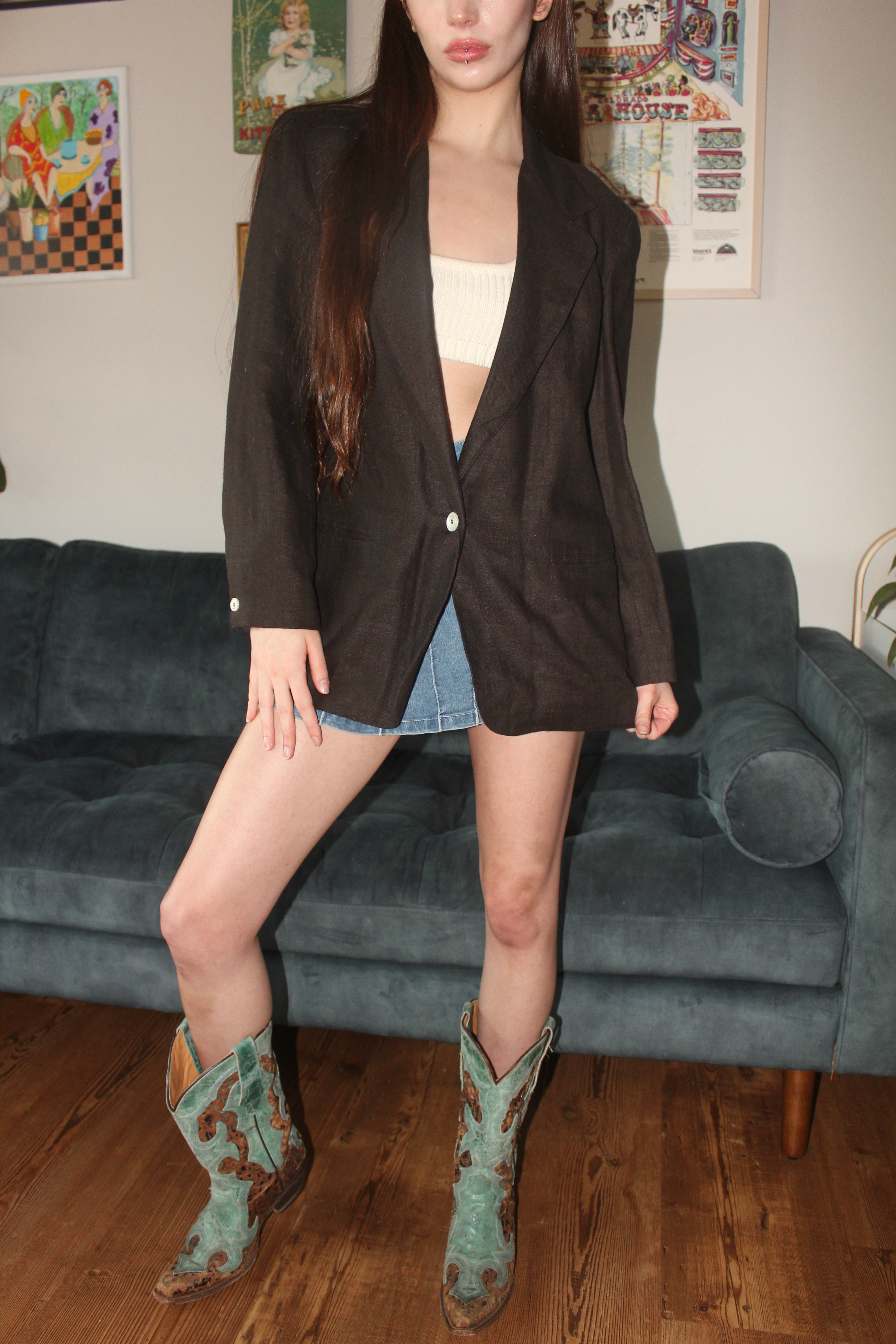 Vintage 90s Chocolate Brown Linen Blazer (M)