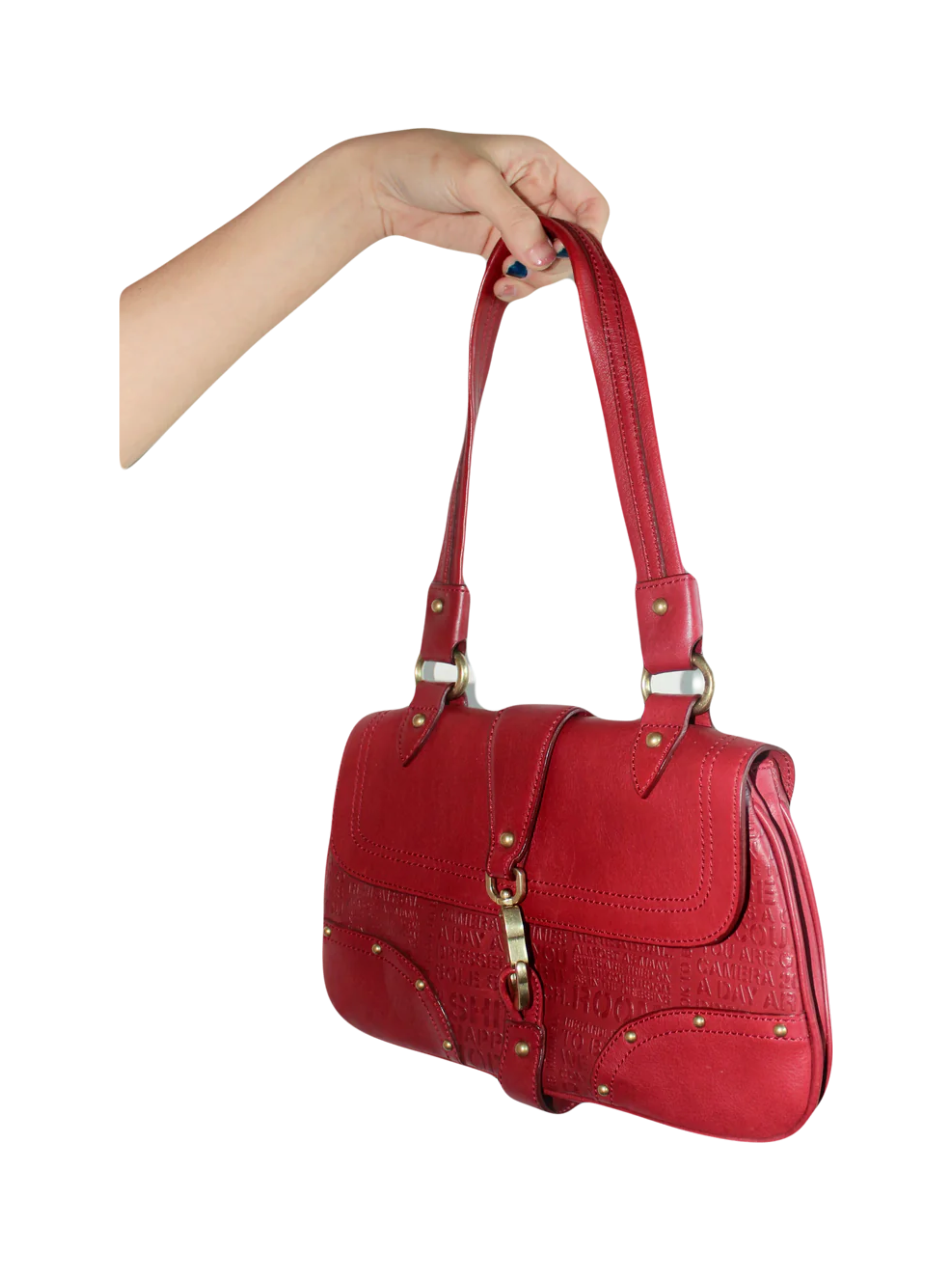Vintage Chery Red Leather Graphic Text Purse