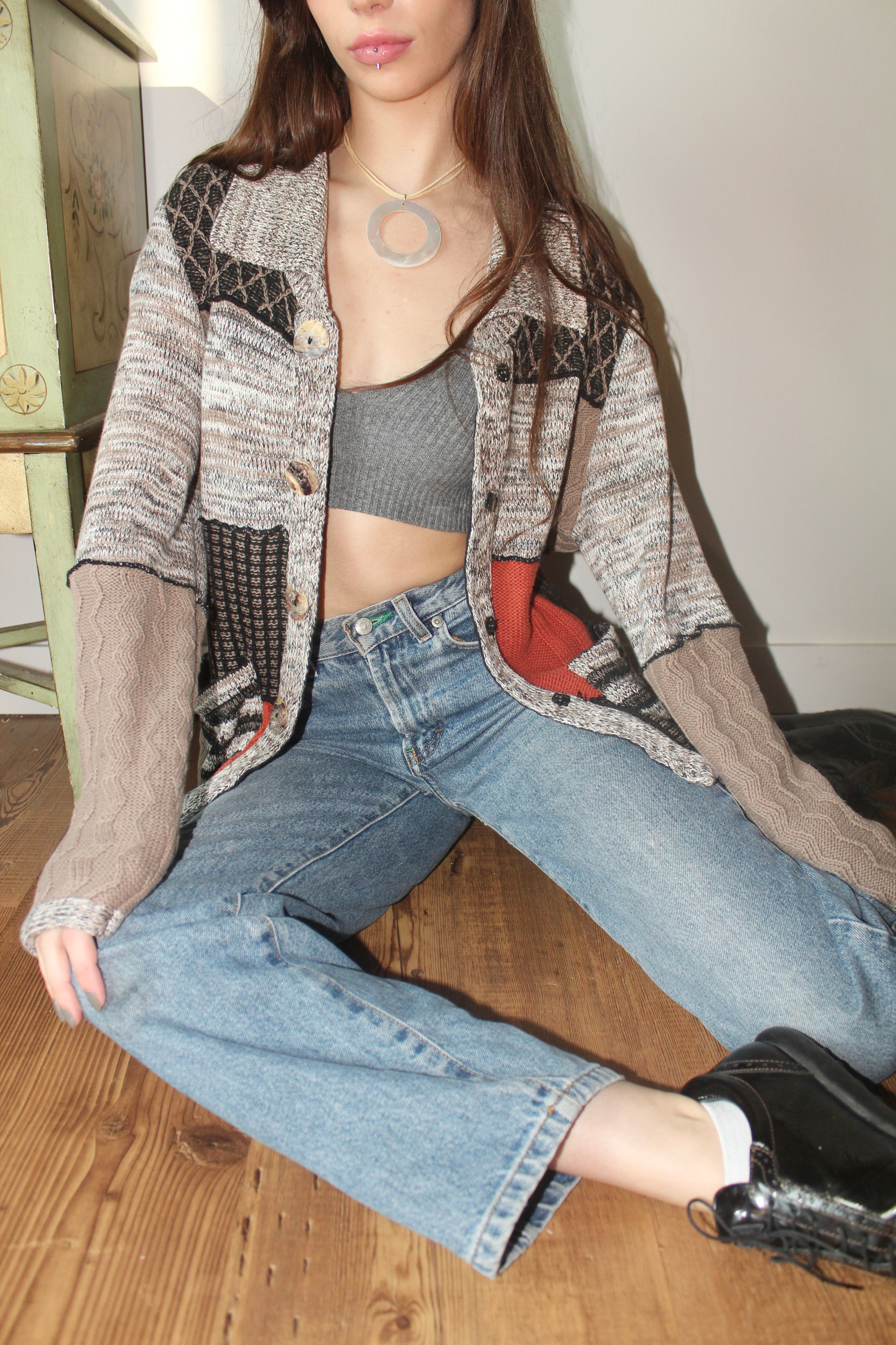 Vintage 90s Cozy Chunky Patchwork Cardigan (M)