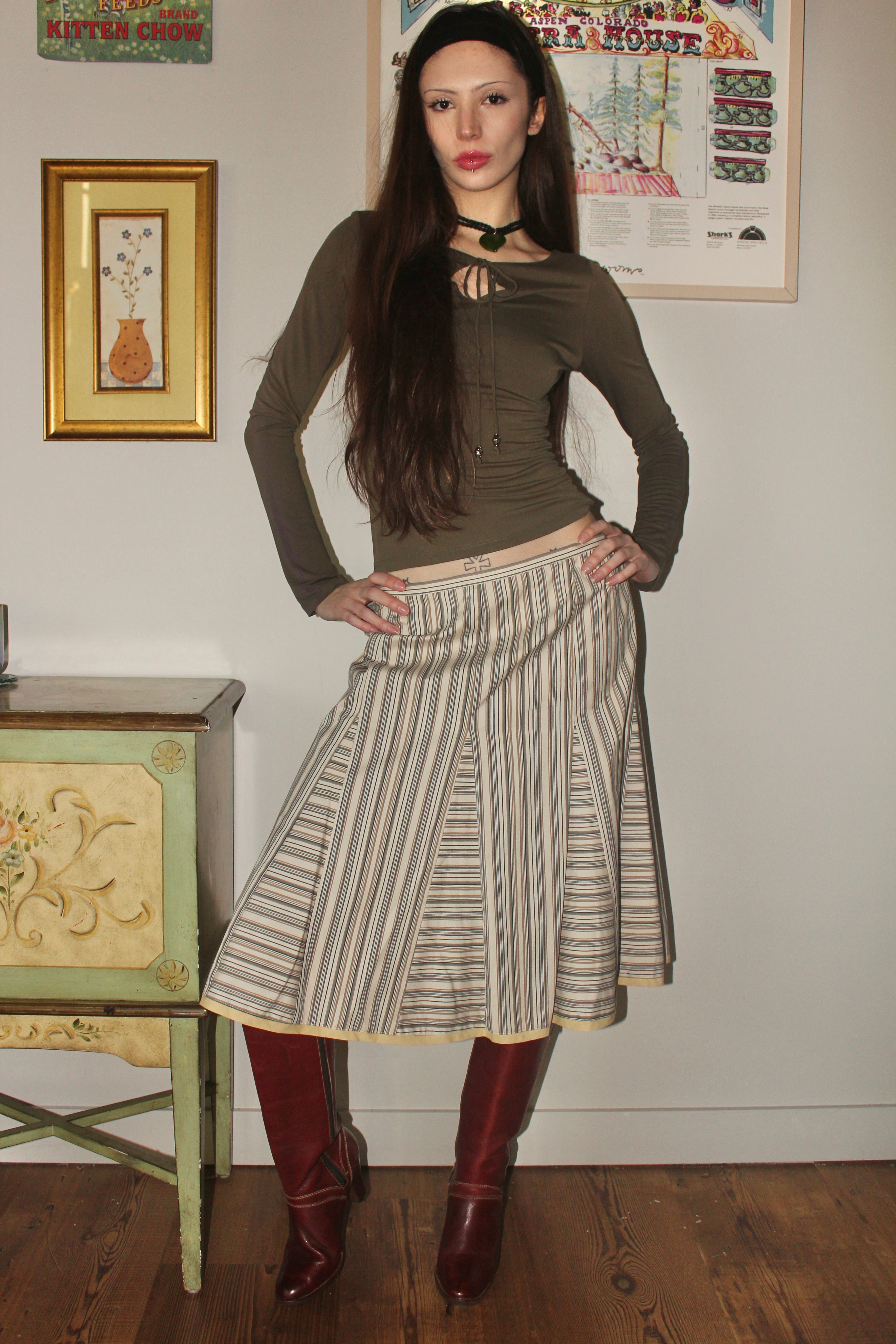 Vintage 90s Low Waist Pinstriped Midi Skirt (M)