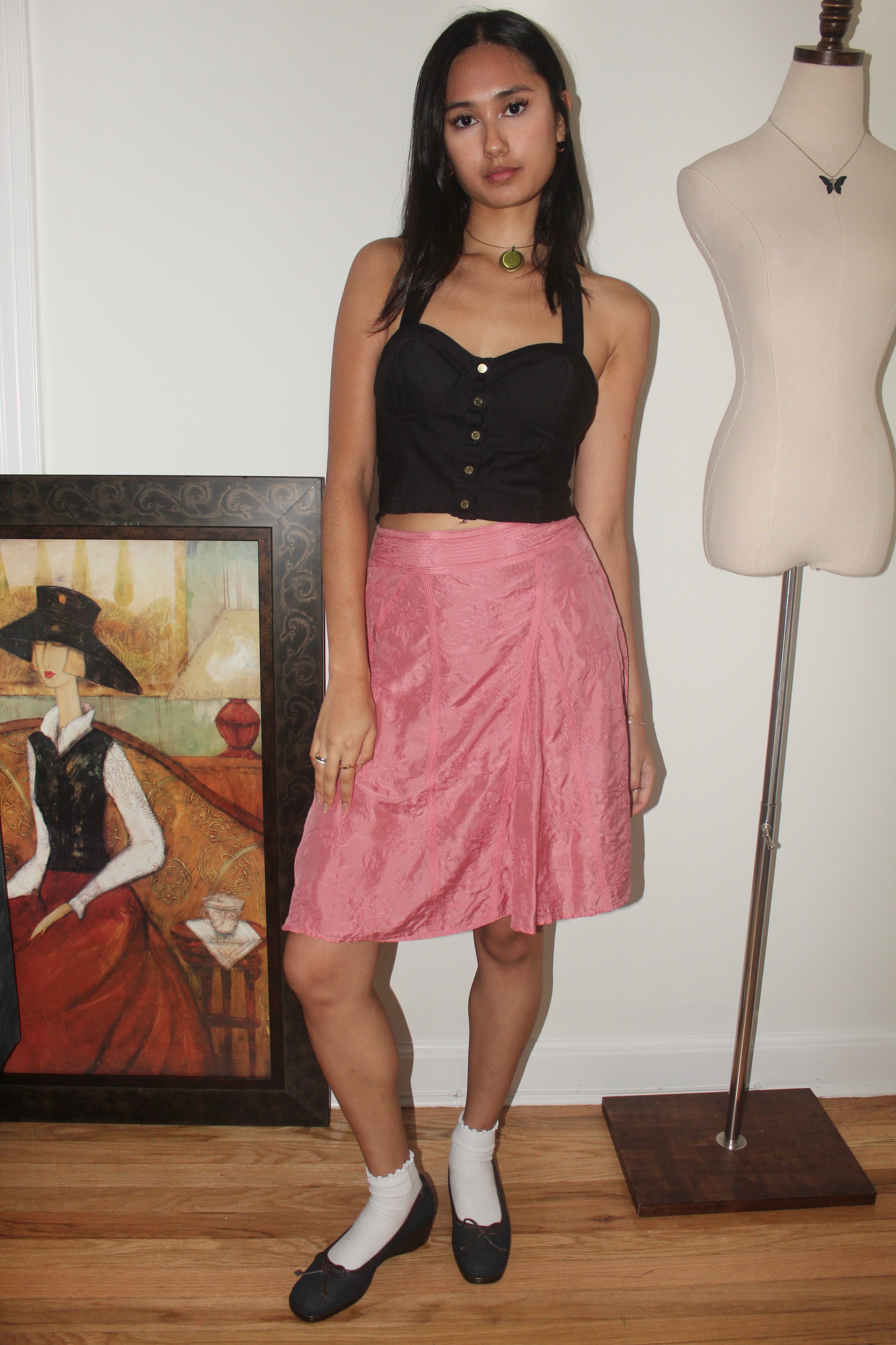 Vintage 90s Silk Embroidered Midi Skirt (S)