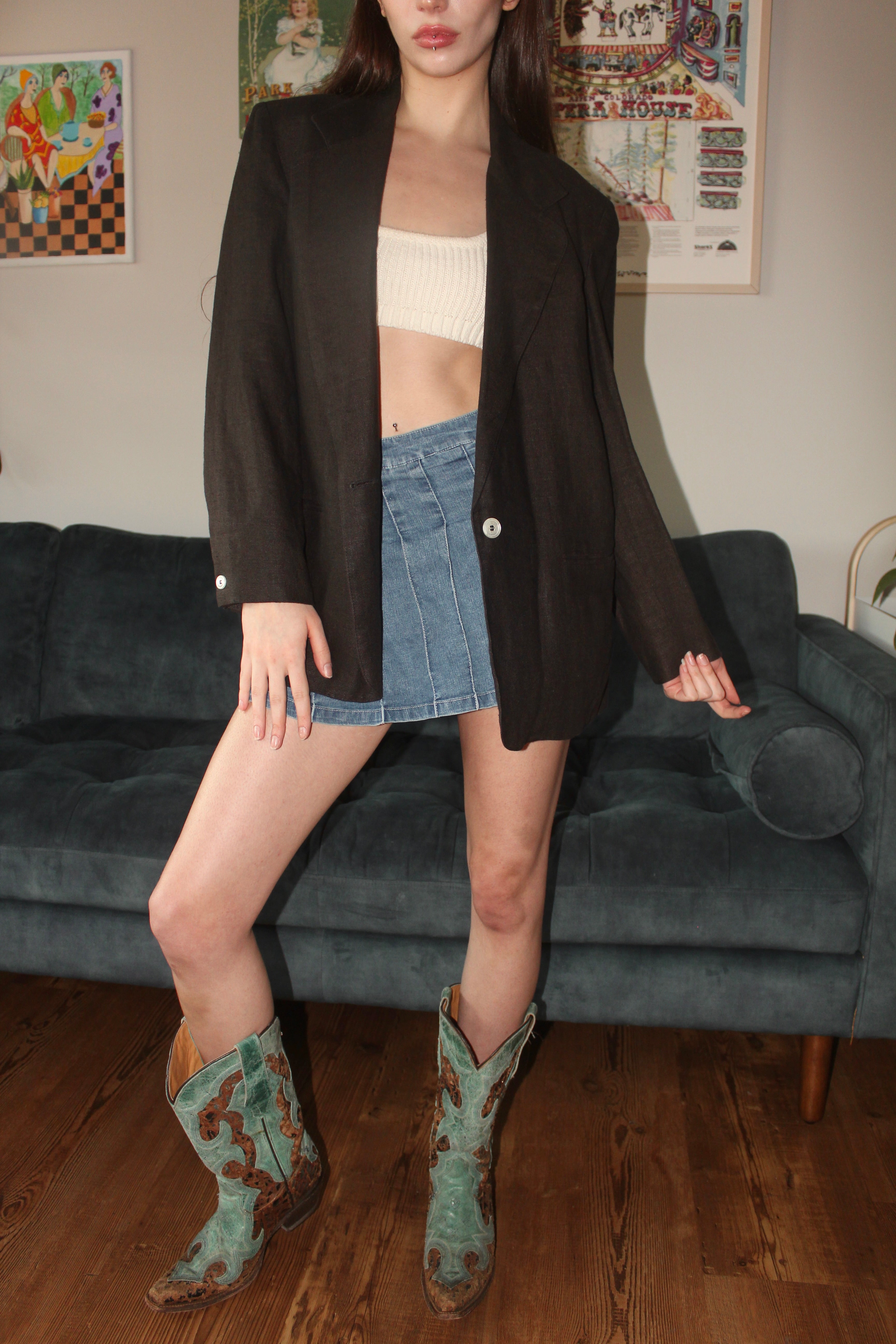 Vintage 90s Chocolate Brown Linen Blazer (M)