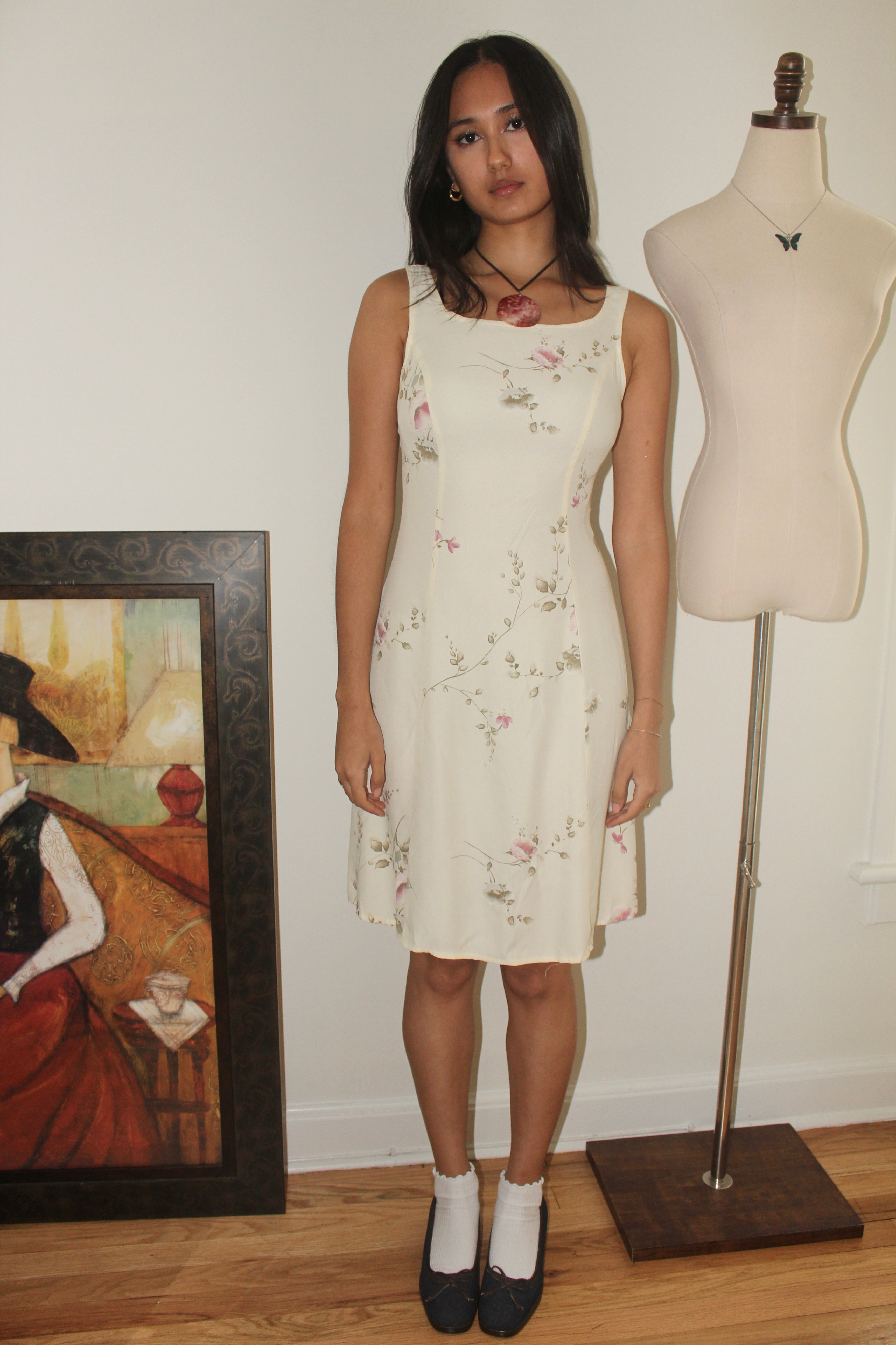 Vintage 80s Cream Ditsy Floral Peasant Dress (S)