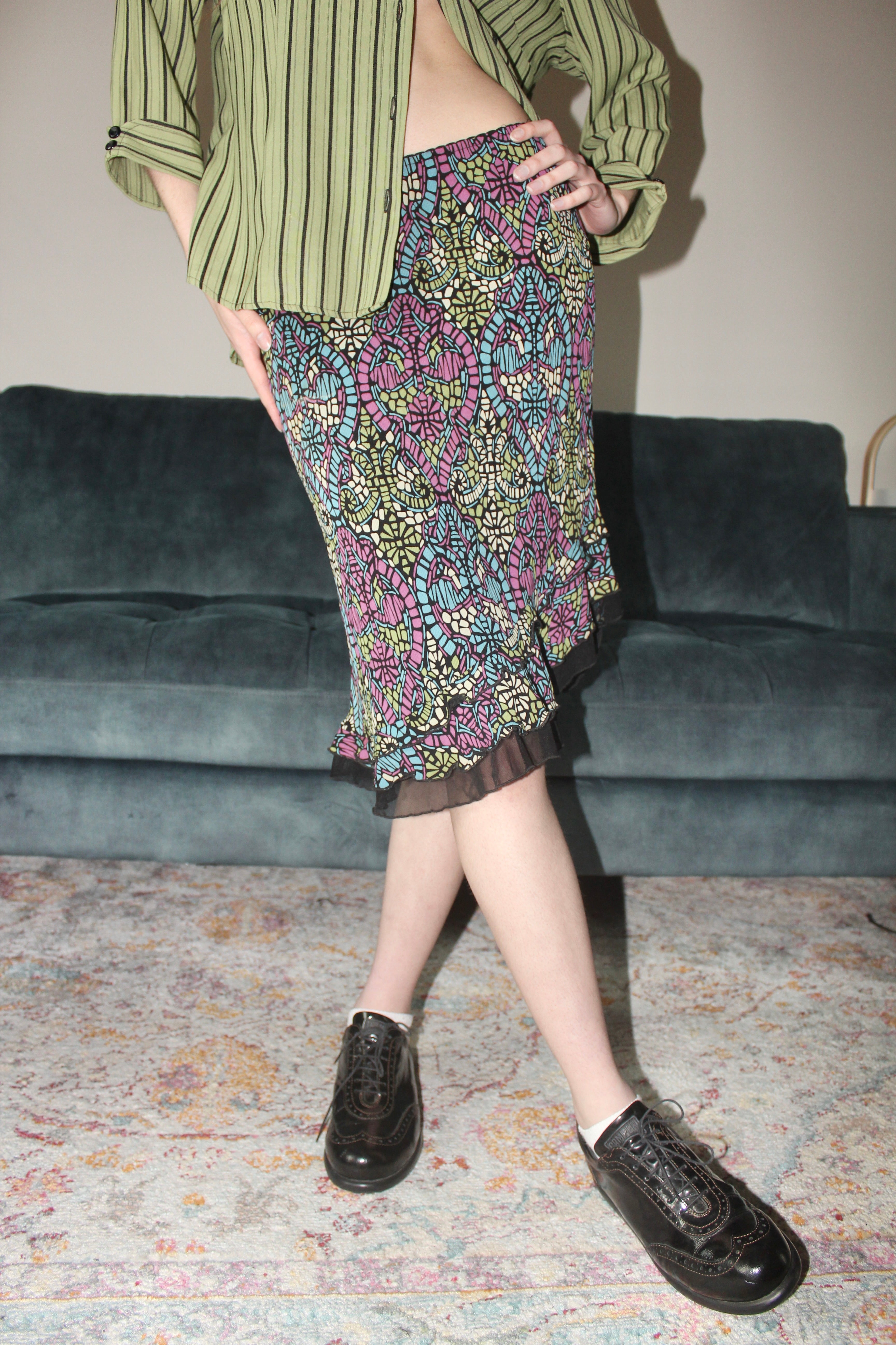 Vintage 90s Mosaic Patterned Asymmetrical Midi Skirt (S)