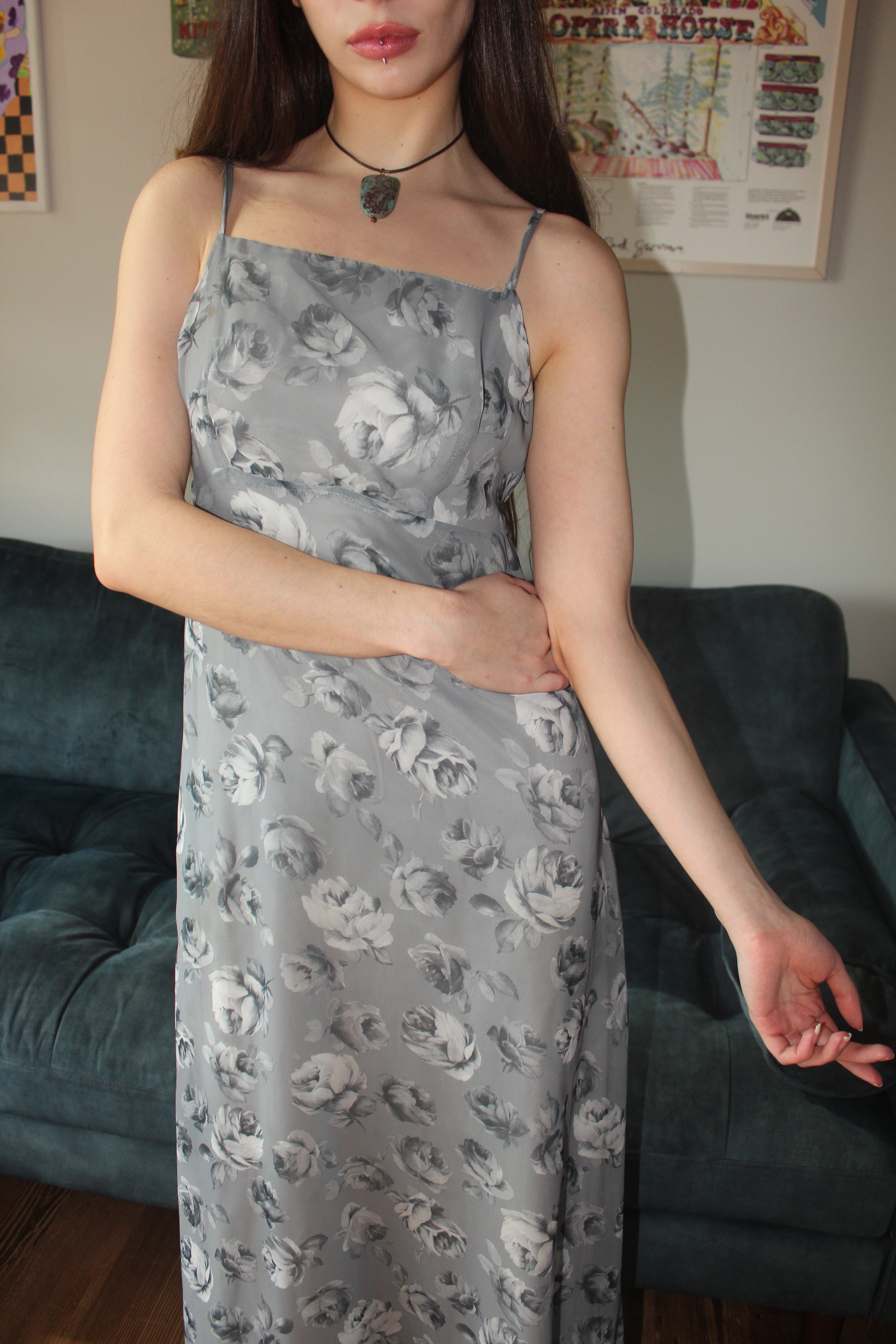 Vintage 90s Floral Tie Midi Dress (S)