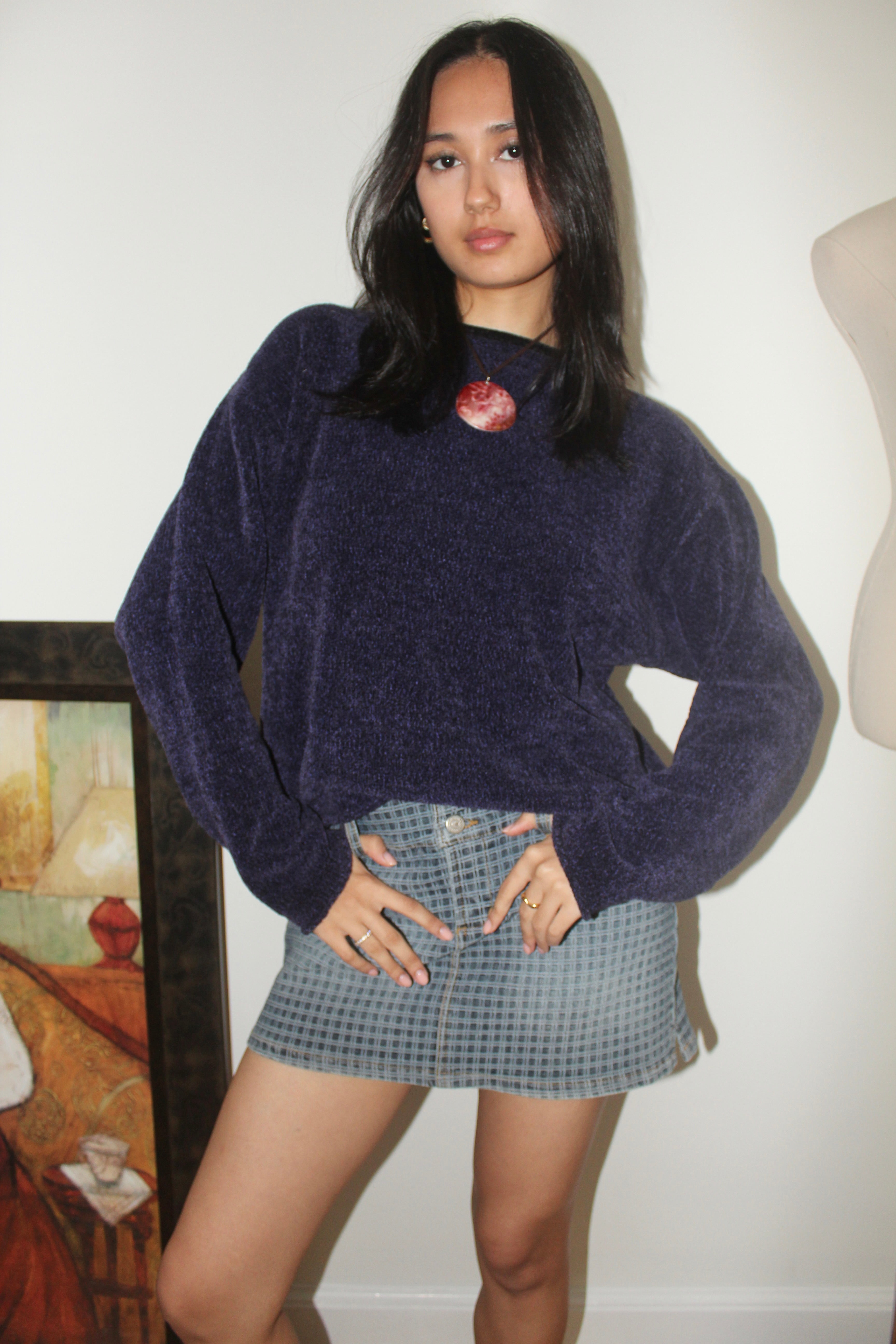 Vintage 90s Cozy Indigo Crushed Velvet Sweater (M)