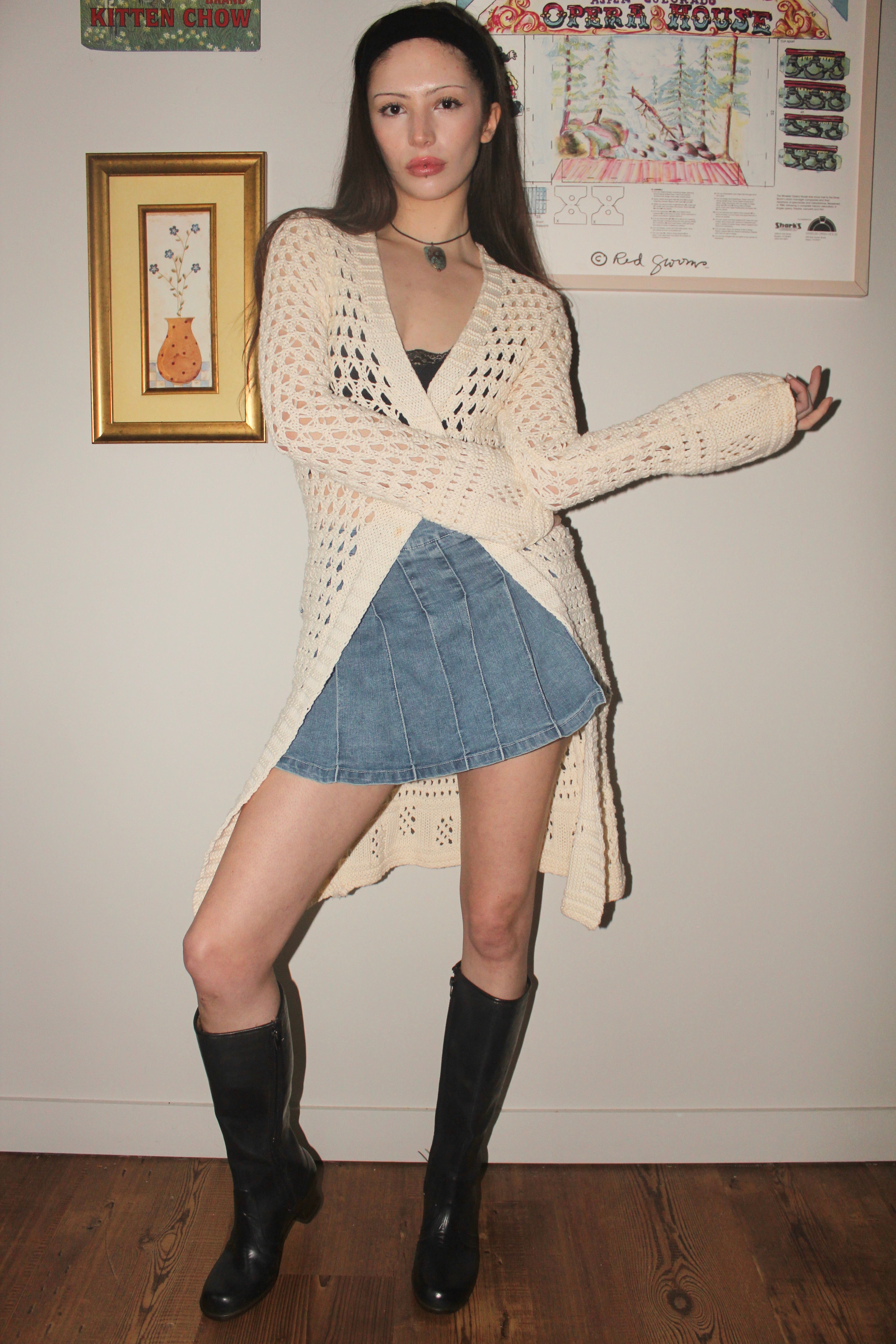 Vintage 90s Cream Crochet Longline Knit (S/M)