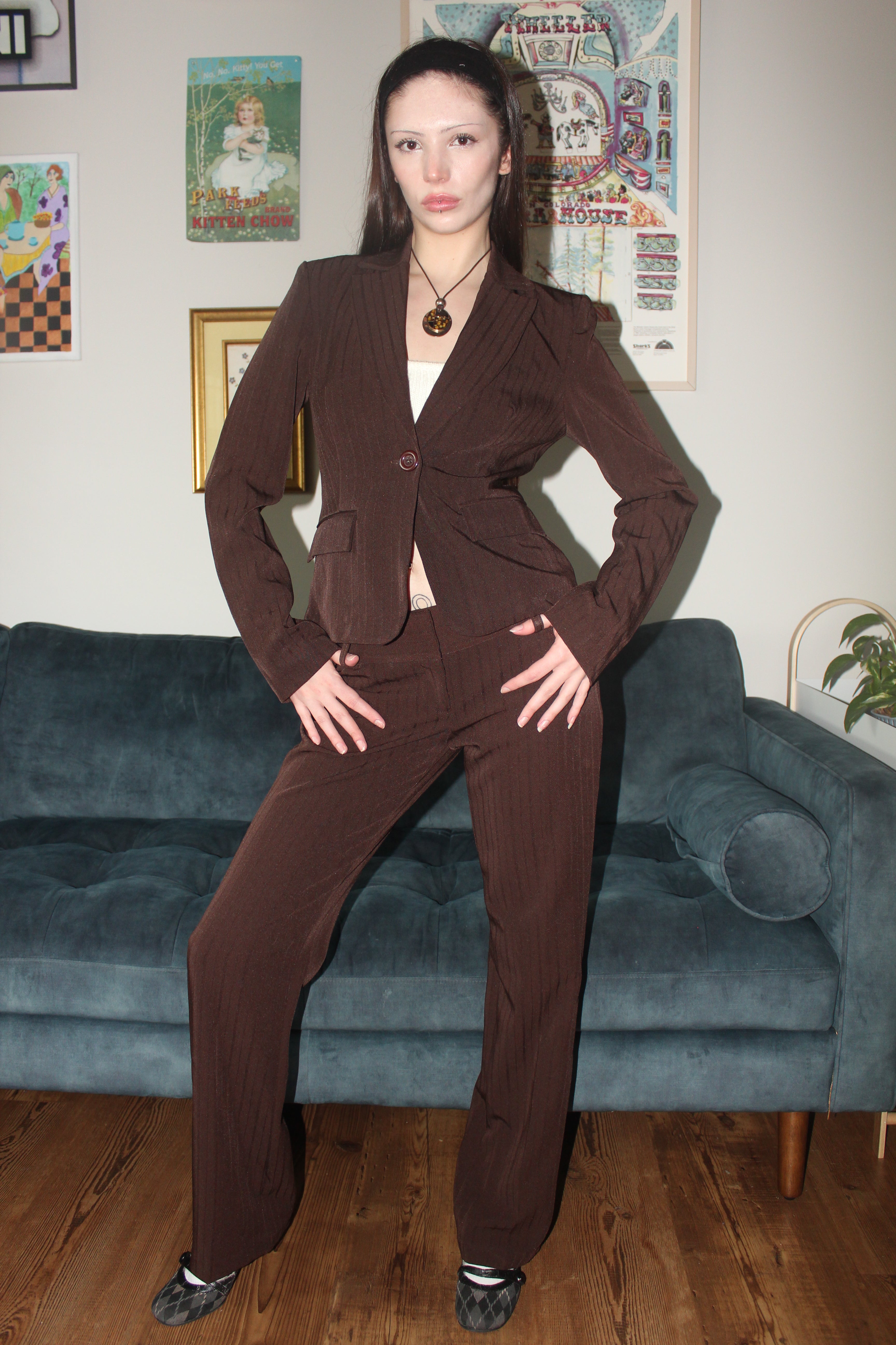 Vintage 90s Chocolate Striped Suit Set (S)