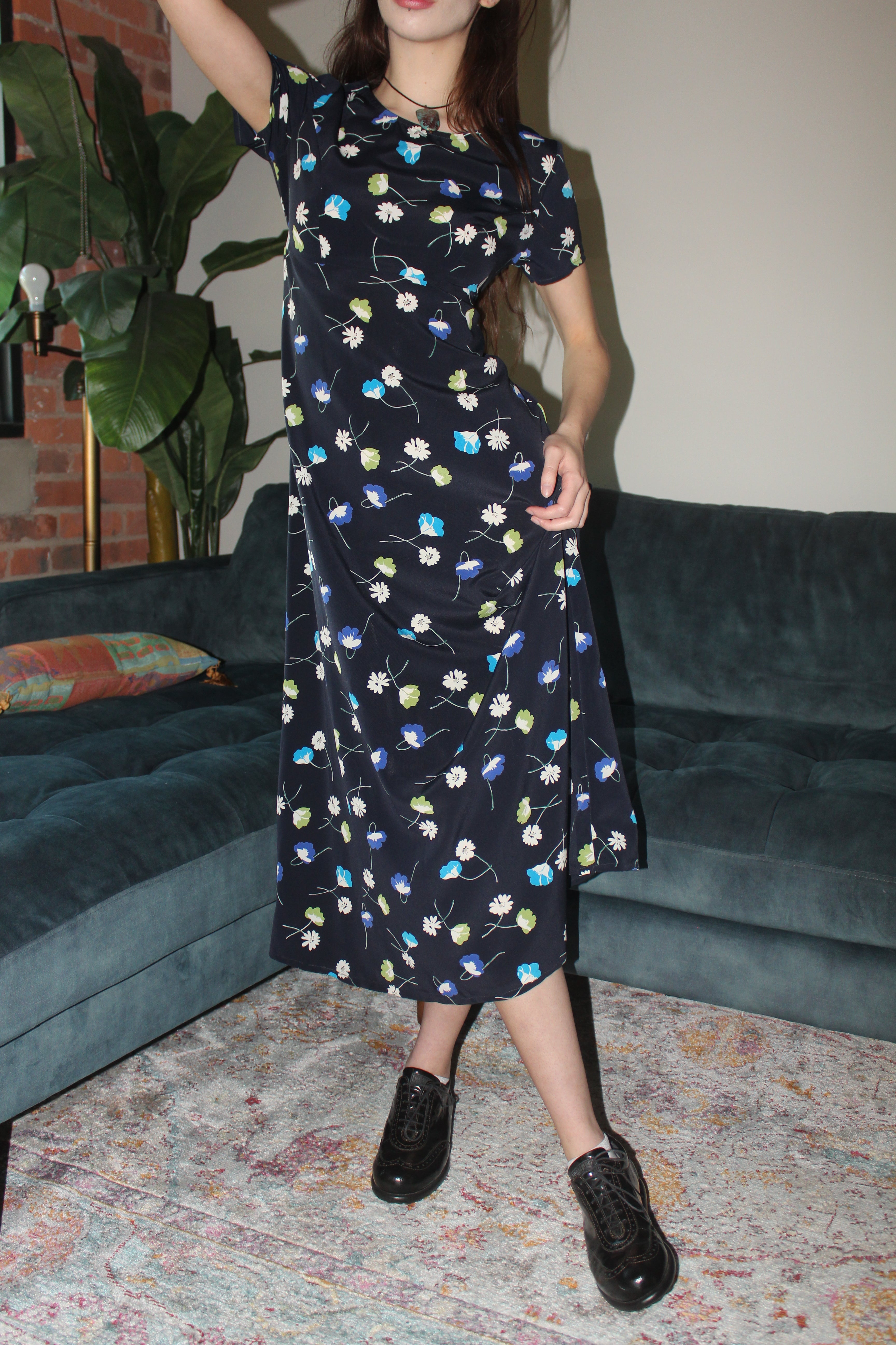 Vintage 90s Floral Tie Back Midi Dress (S)